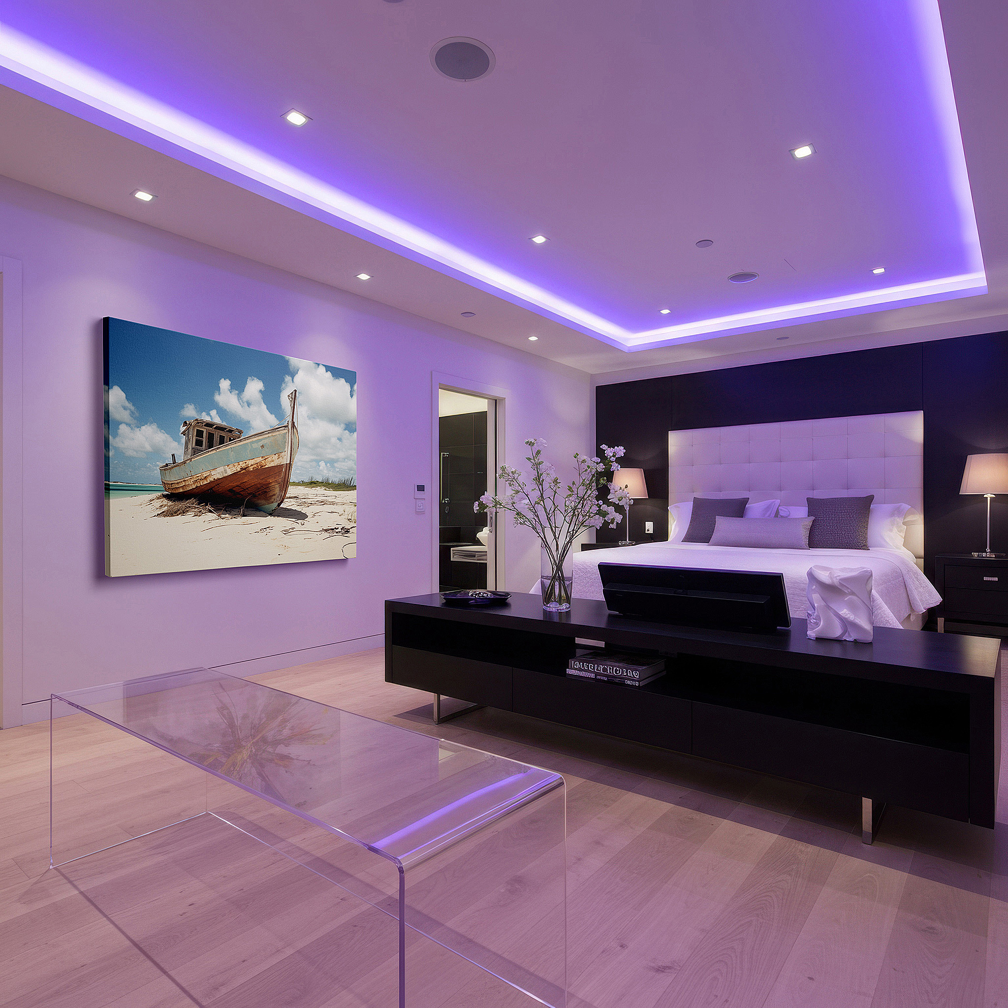 Displayed above a contemporary leather sofa in warm light — serene neglect - nature's peaceful embrace of an old fishing boat large wall art, canvas wall art, wall decor for office and bedroom