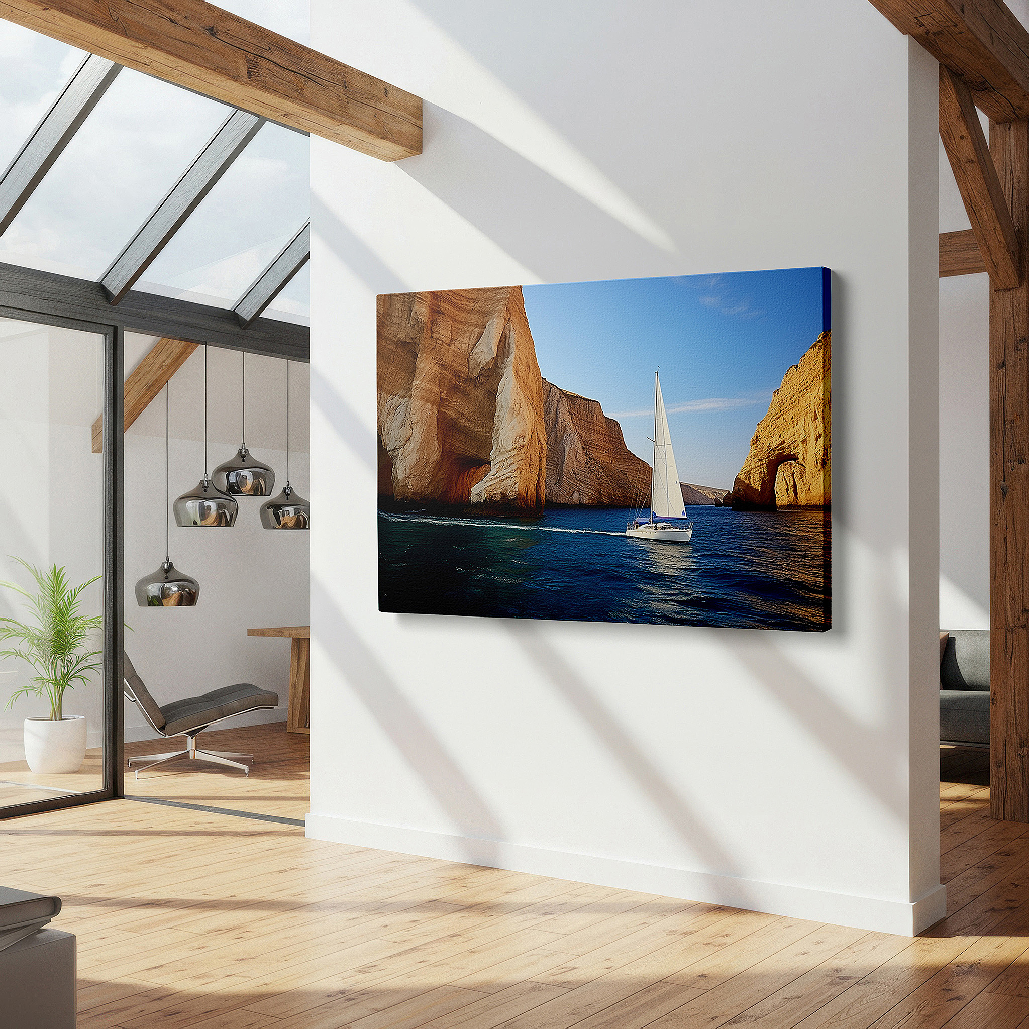 Displayed above a contemporary leather sofa in warm light — serene sailboat journey canvas art: tranquil bay adventure - large wall decor for home and office