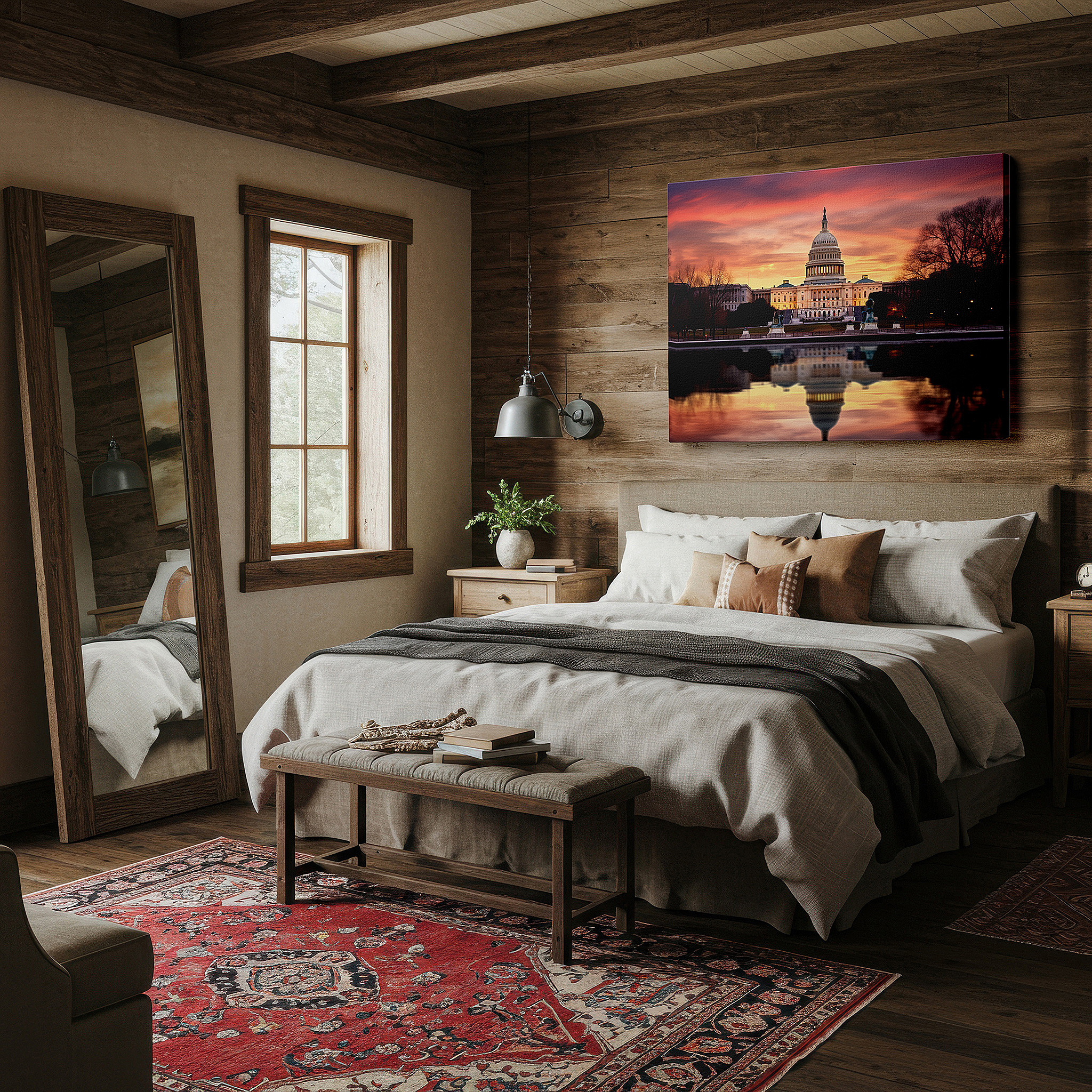 Displayed above a contemporary leather sofa in warm light — serene sunset at the u.s. capitol: a symbol of democracy in warm hues - large canvas wall art for office and bedroom decor