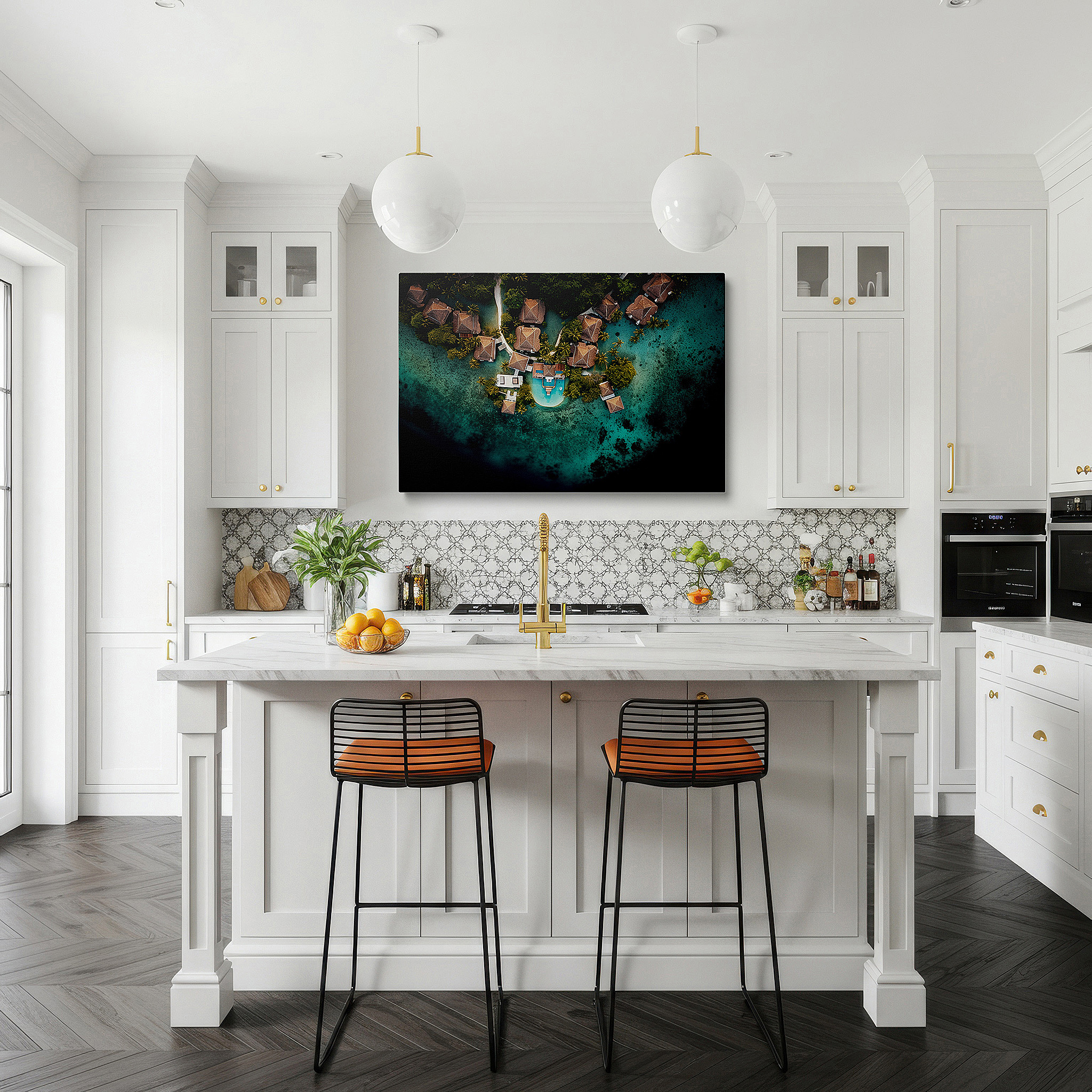 Displayed above a contemporary leather sofa in warm light — serene tropical resort featuring opulent overwater bungalows on a sparkling aquamarine lagoon - large wall art, canvas wall art, wall decor for office