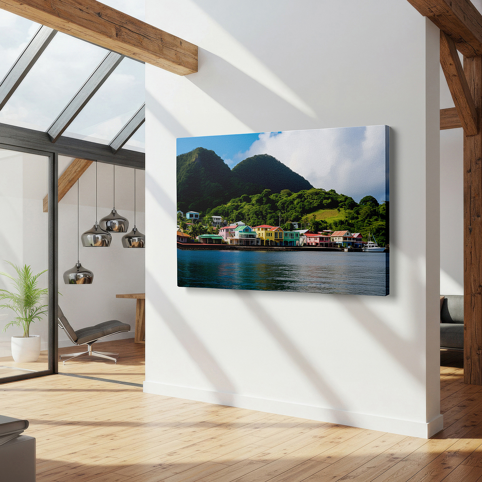 Displayed above a contemporary leather sofa in warm light — serene waterfront homes with lush mountain views: large wall art, canvas wall art, wall decor for office
