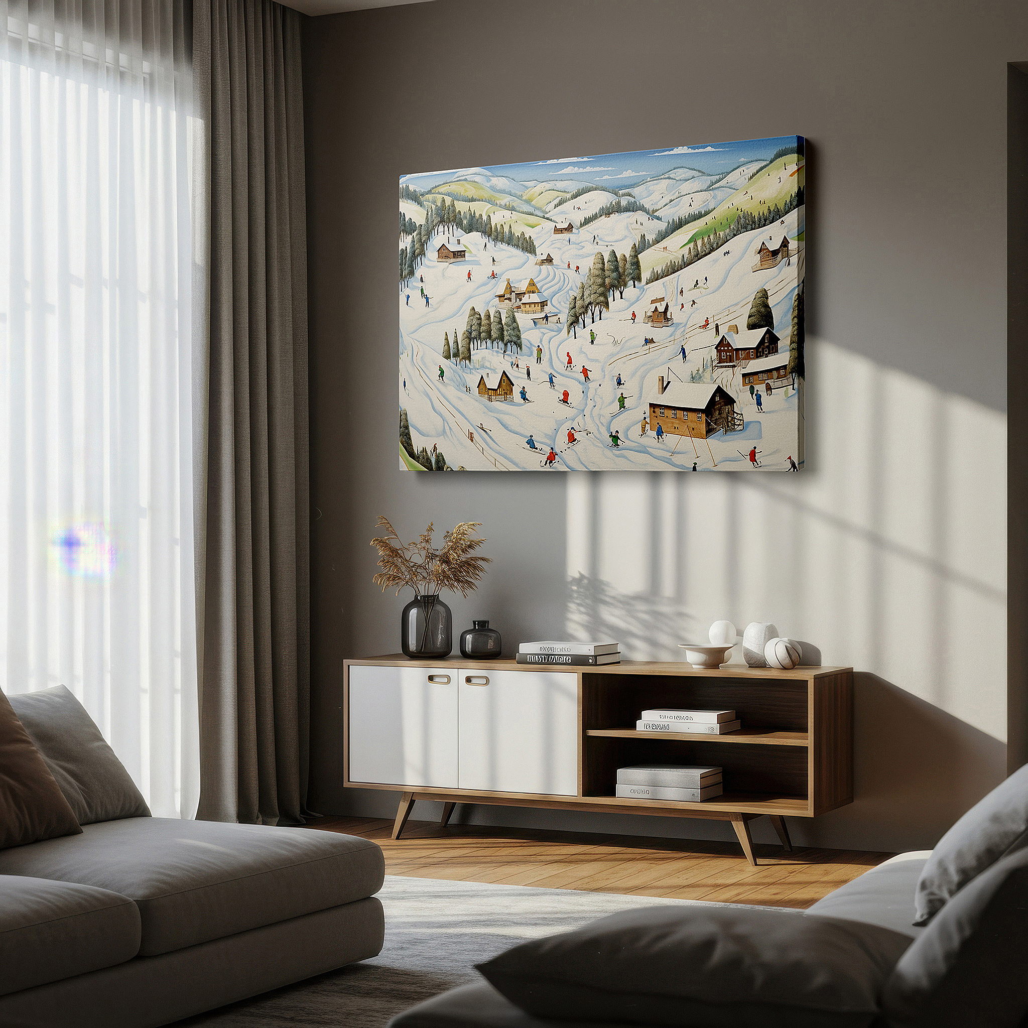 Displayed above a contemporary leather sofa in warm light — serene winter wonderland canvas featuring skiers and snow-covered cabins - large wall art for office, bedroom, and living room decor