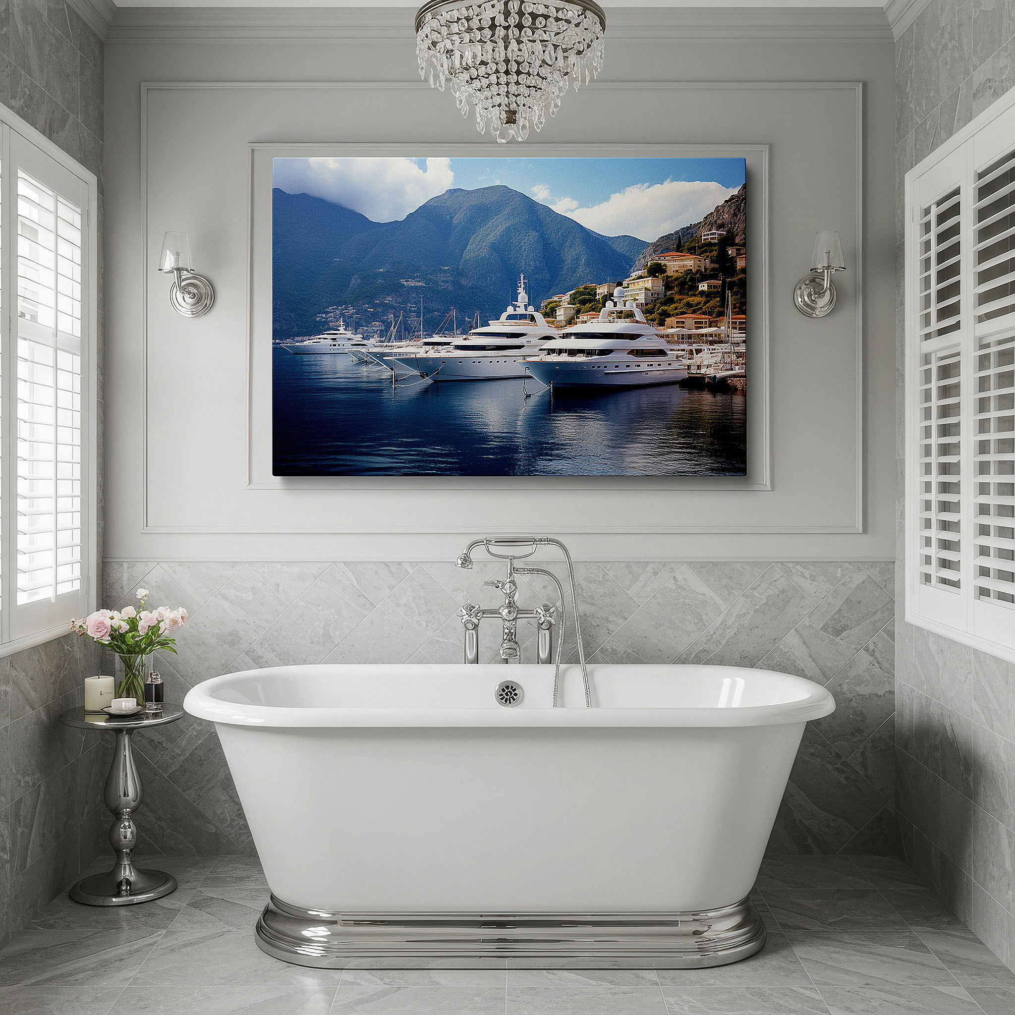 Displayed above a contemporary leather sofa in warm light — serene yacht harbor elegance with majestic mountains and tranquil blue skies - large canvas wall art for office decor