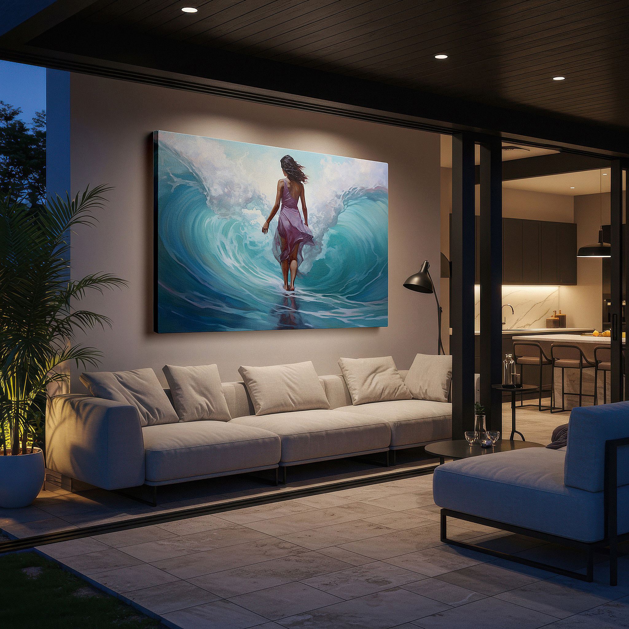 Displayed above a contemporary leather sofa in warm light — silhouetted dance by the ocean: a symphony of light and serenity - large canvas wall art for office and bedroom decor