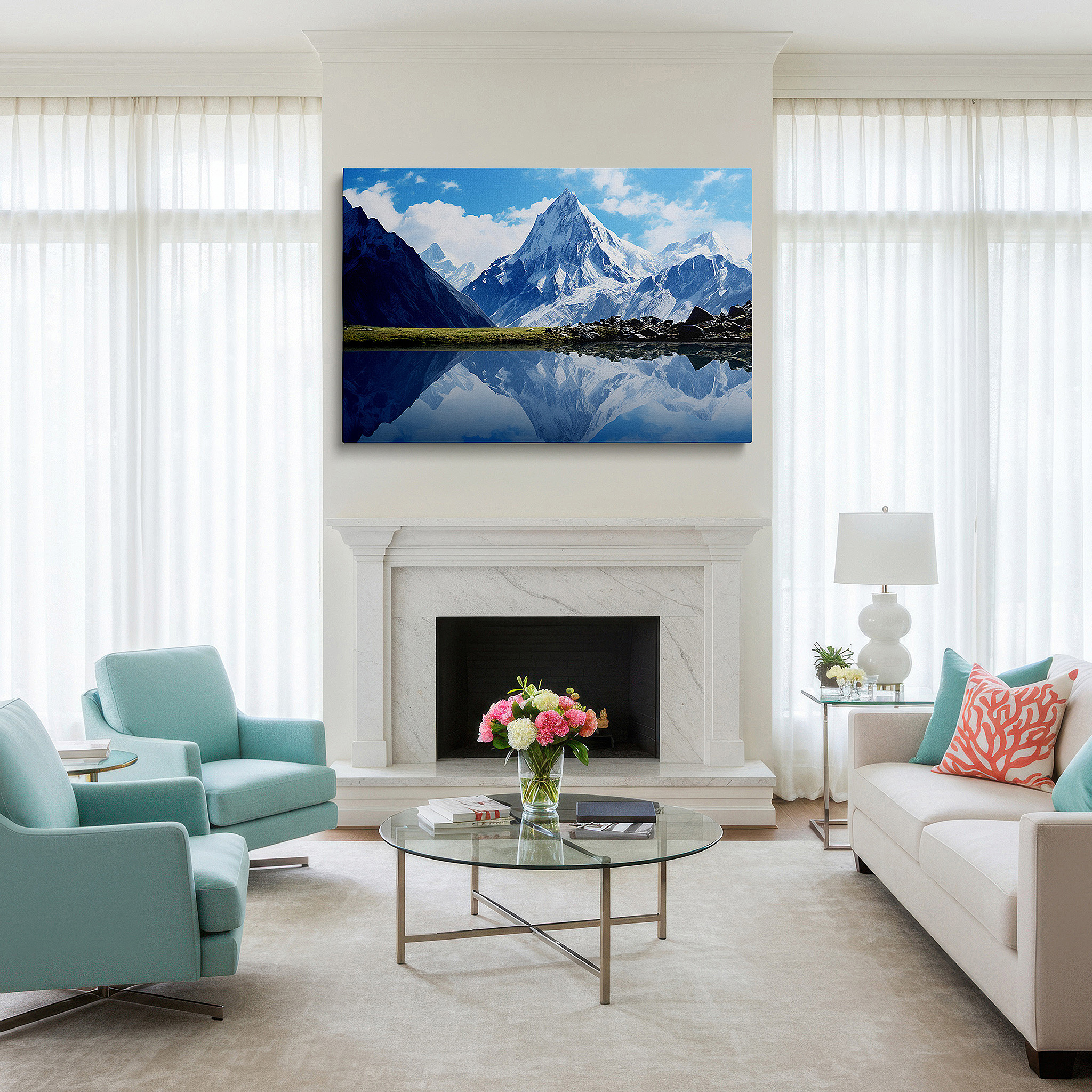 Displayed above a contemporary leather sofa in warm light — snow-capped mountains and serene lake reflections - tranquil nature scene large wall art, canvas wall art, wall decor for office and bedroom