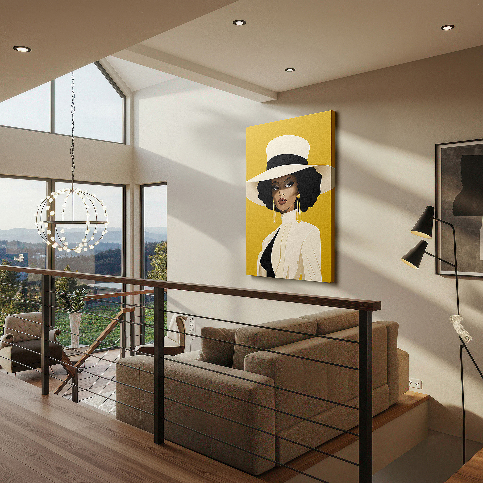 Displayed above a contemporary leather sofa in warm light — sophisticated portrait with modern elegance in a chic hat, set against a vibrant yellow background - large canvas wall art for office decor