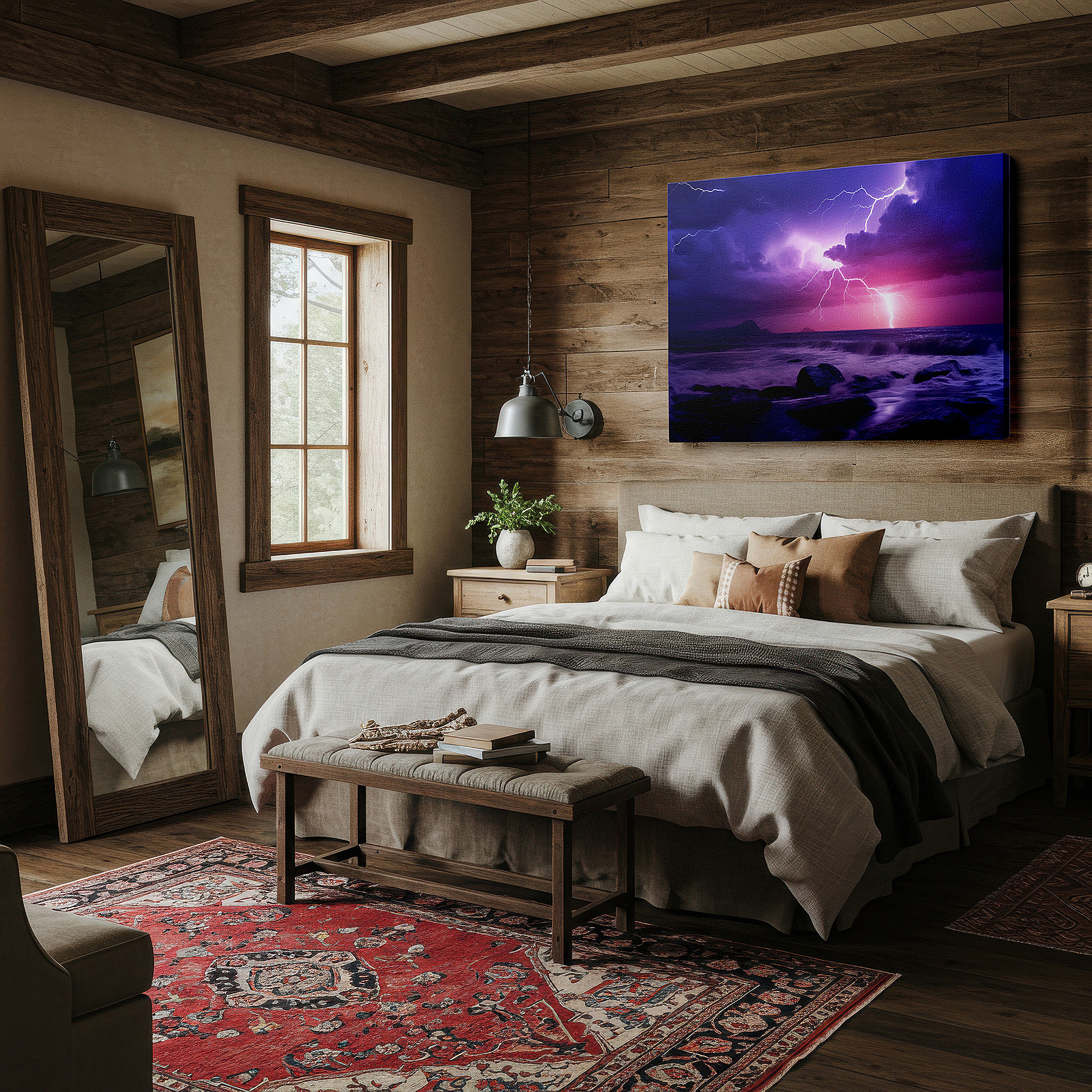Displayed above a contemporary leather sofa in warm light — stormy seascape canvas: lightning and turbulent ocean waters - large wall art for office, bedroom, and living room decor