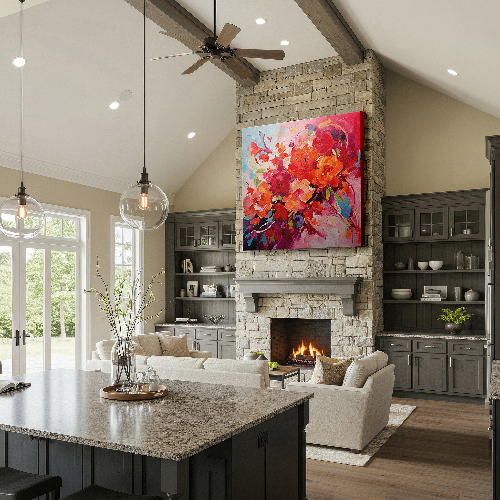 Displayed above a contemporary leather sofa in warm light — a stunning floral canvas featuring bold reds and rich greens, perfect for large wall decor in offices or bedrooms