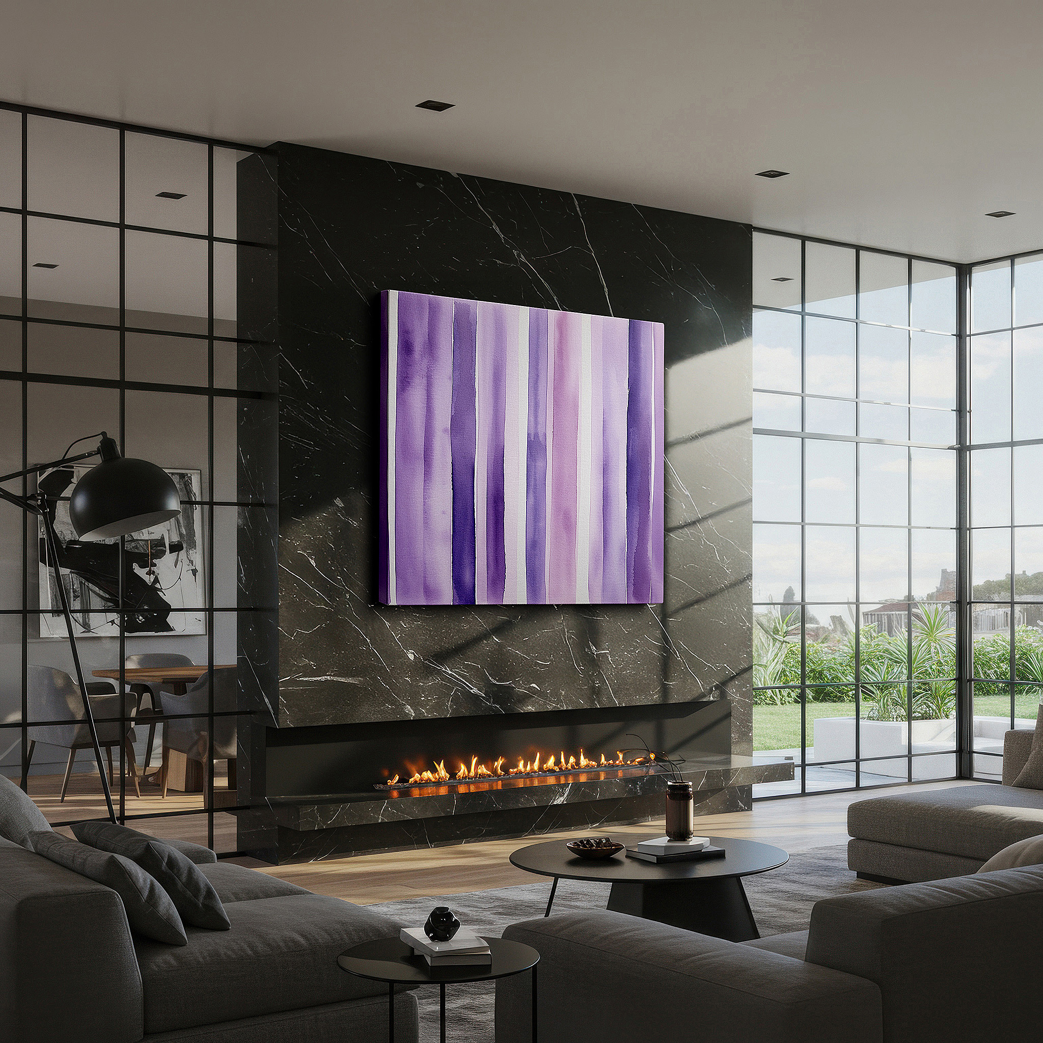 Displayed above a contemporary leather sofa in warm light — subtle purple stripes radiating harmony and tranquility - large canvas wall art for office and bedroom decor