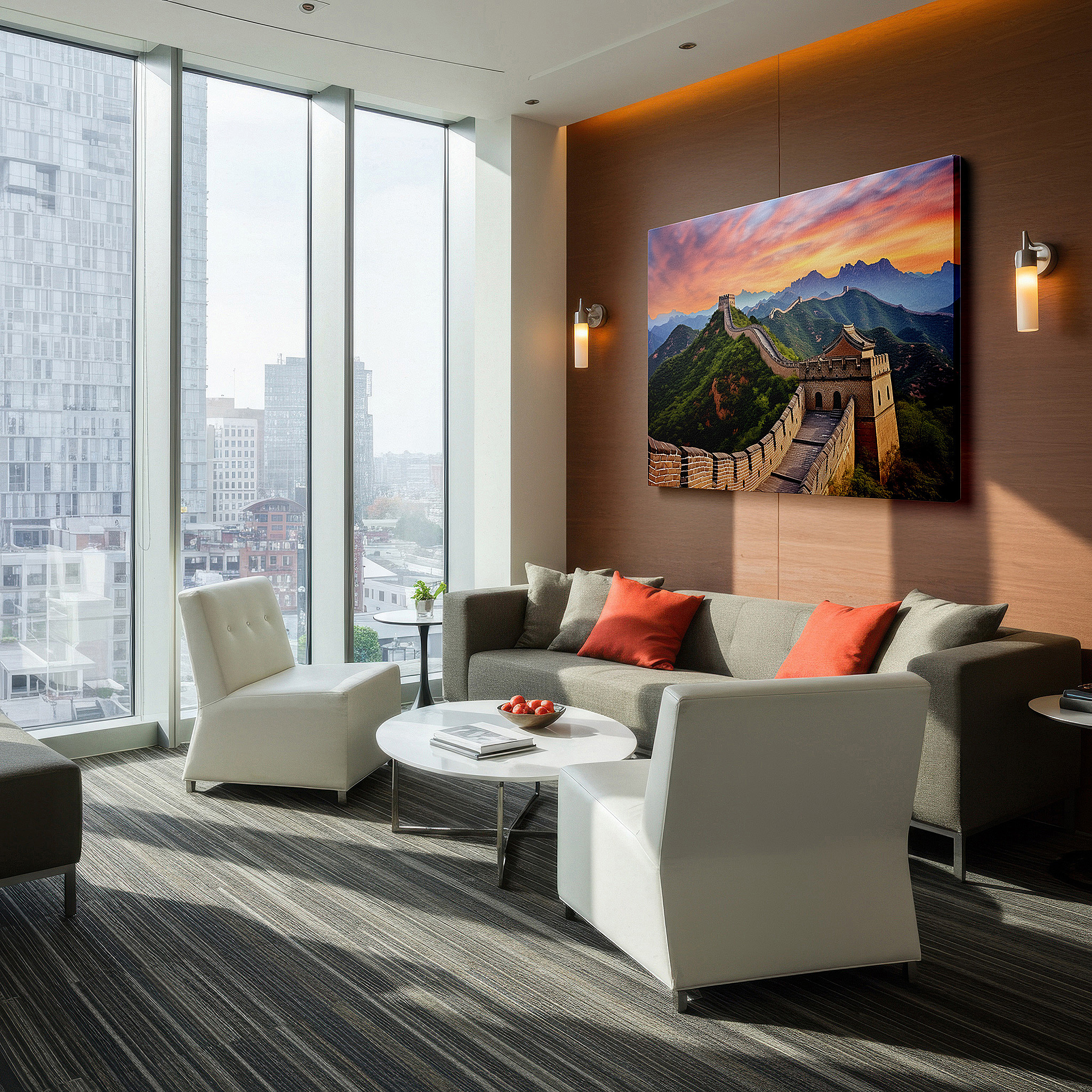 Displayed above a contemporary leather sofa in warm light — sunrise at the great wall of china - celebrating durability and architectural magnificence, large canvas wall art for home decor