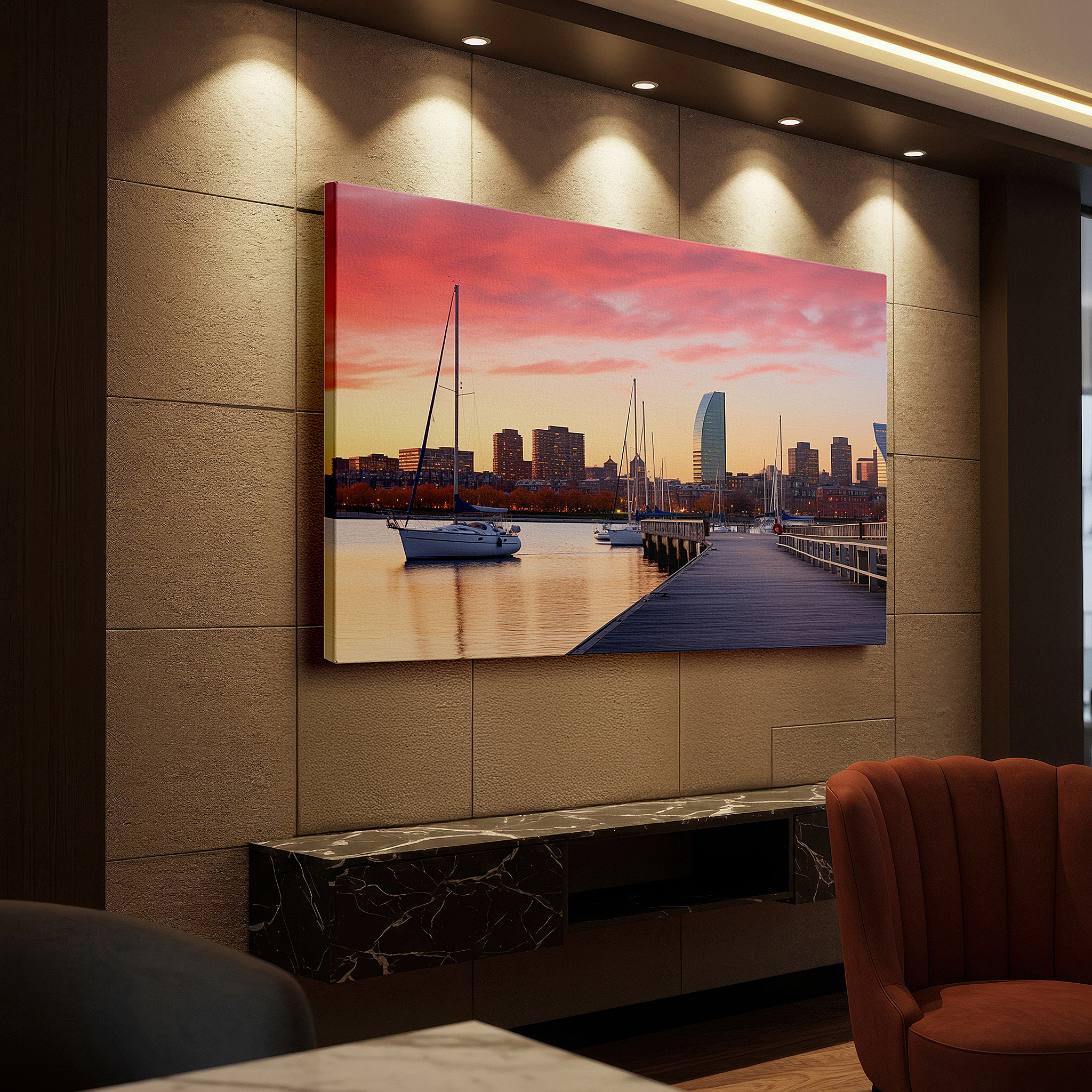 Displayed above a contemporary leather sofa in warm light — sunset over bustling harbor canvas print featuring sailboats and city skyline - ideal for office, bedroom, or living room decor