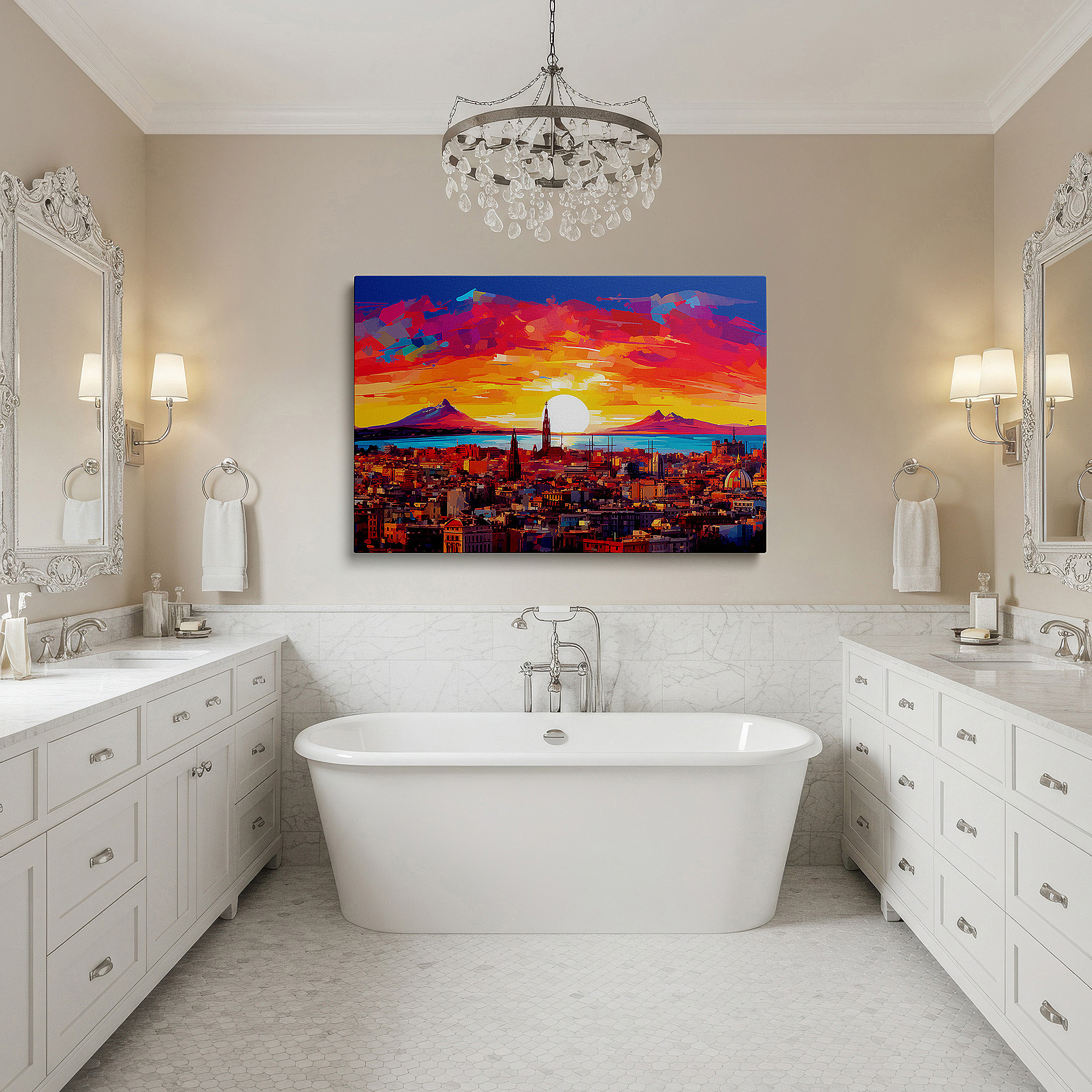 Displayed above a contemporary leather sofa in warm light — sunset and cityscape against majestic mountains - a perfect fusion of natural and urban vibes large wall art, canvas wall art, wall decor for office