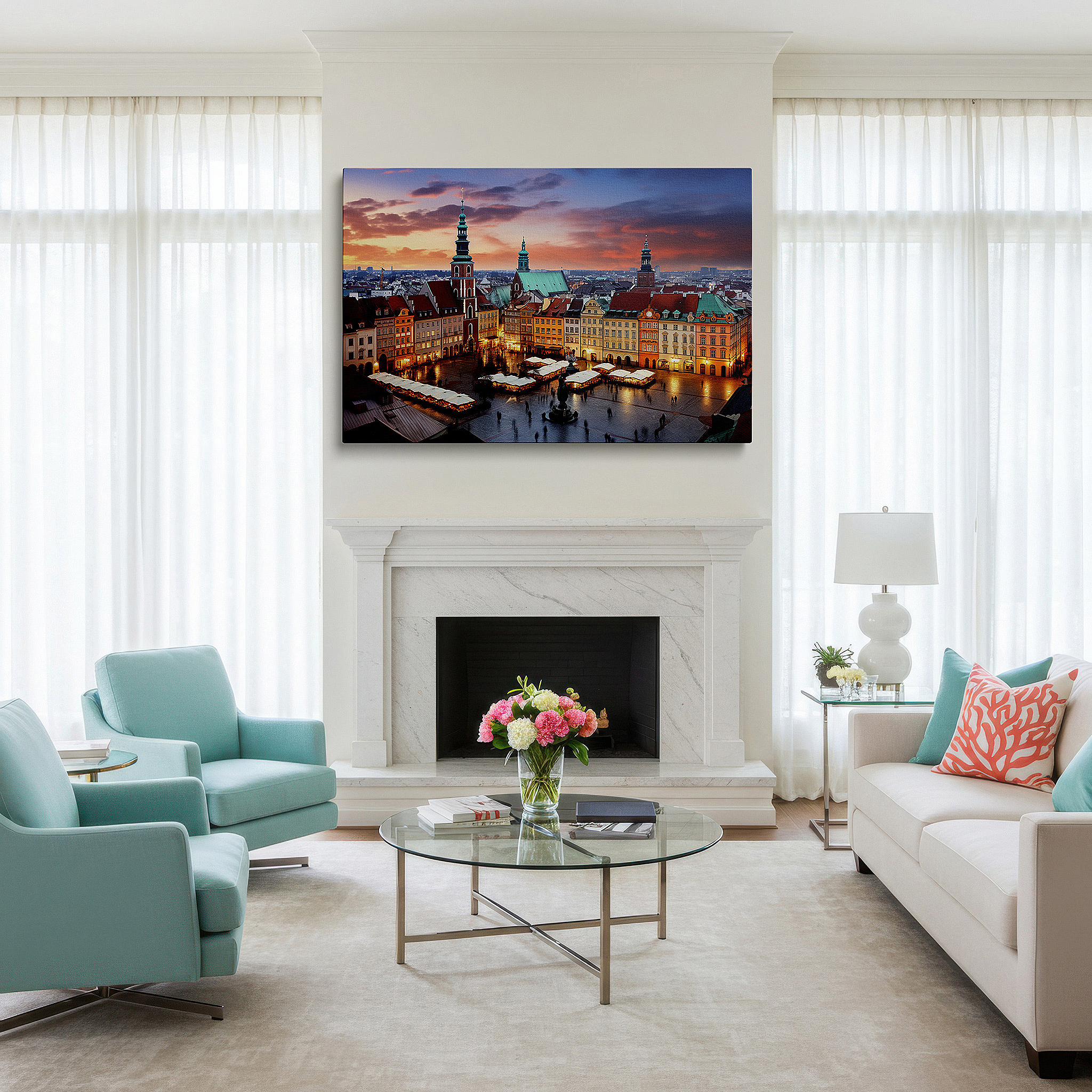 Displayed above a contemporary leather sofa in warm light — sunset glow over historic town square: a display of architectural beauty and community spirit - large wall art, canvas wall art, wall decor for office