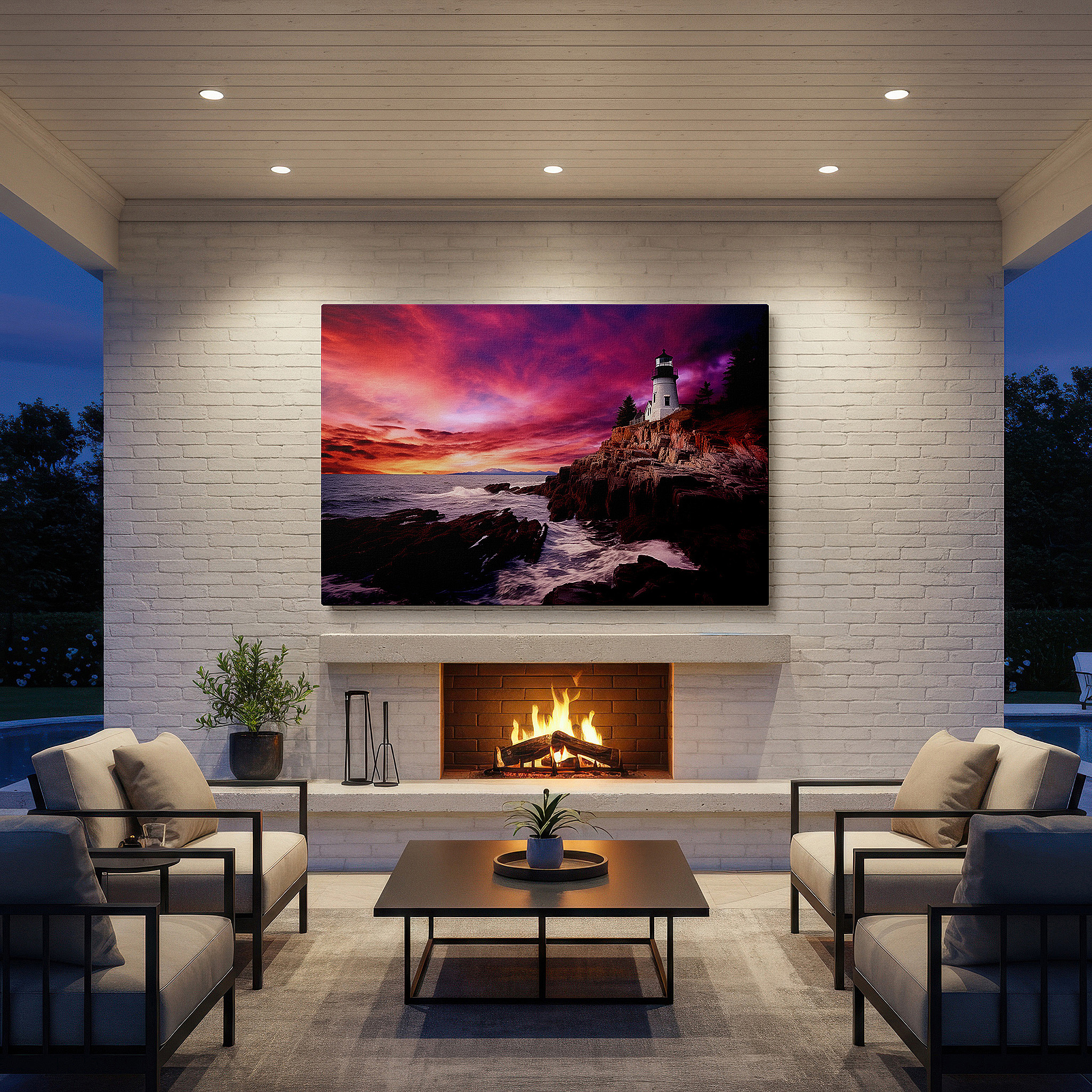Displayed above a contemporary leather sofa in warm light — sunset lighthouse majesty - a symbol of hope and calm against fiery skies, large canvas wall art for home and office decor