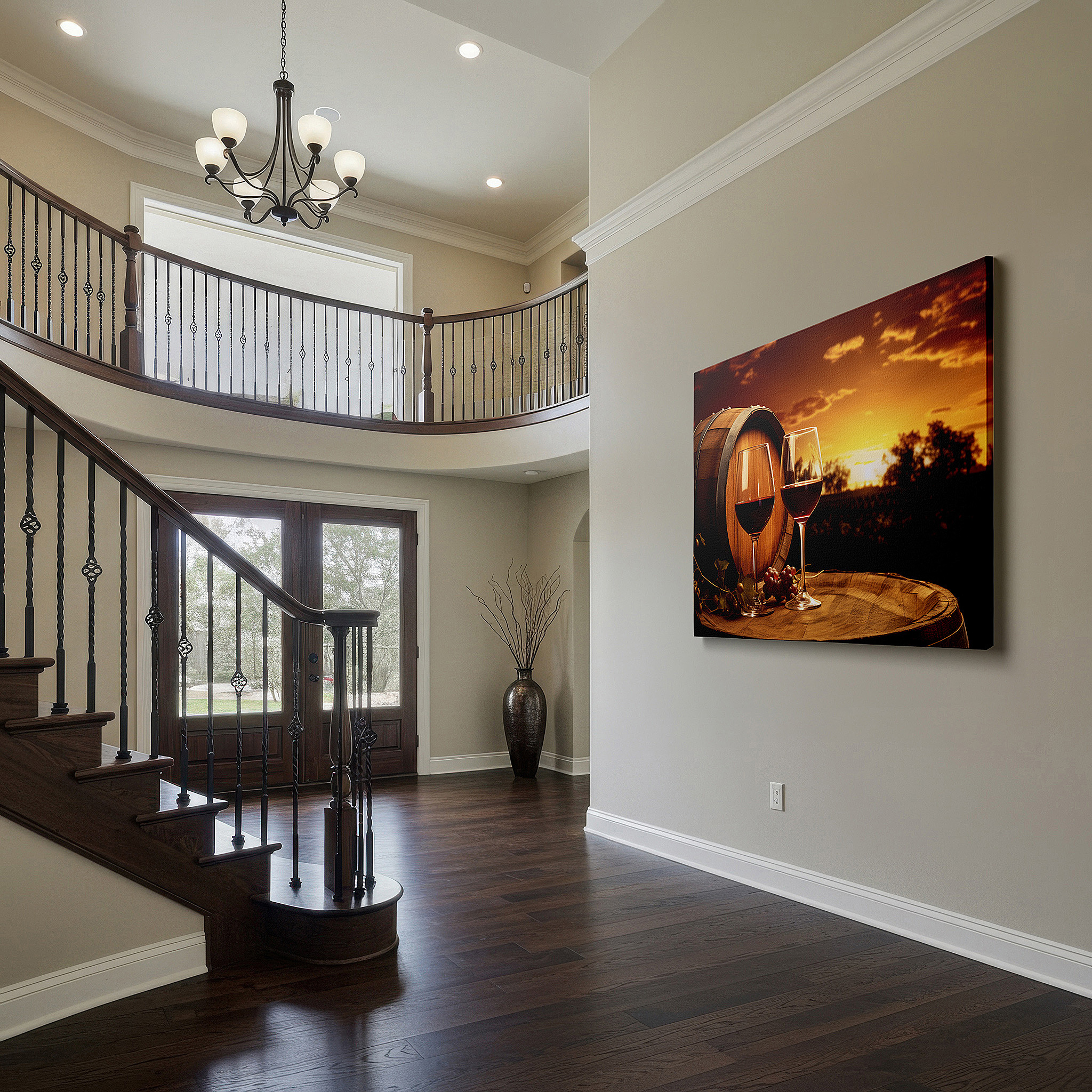 Displayed above a contemporary leather sofa in warm light — sunset serenade wall art featuring wine glasses, grapes, and a rustic barrel - large canvas for office, bedroom, and living room decor