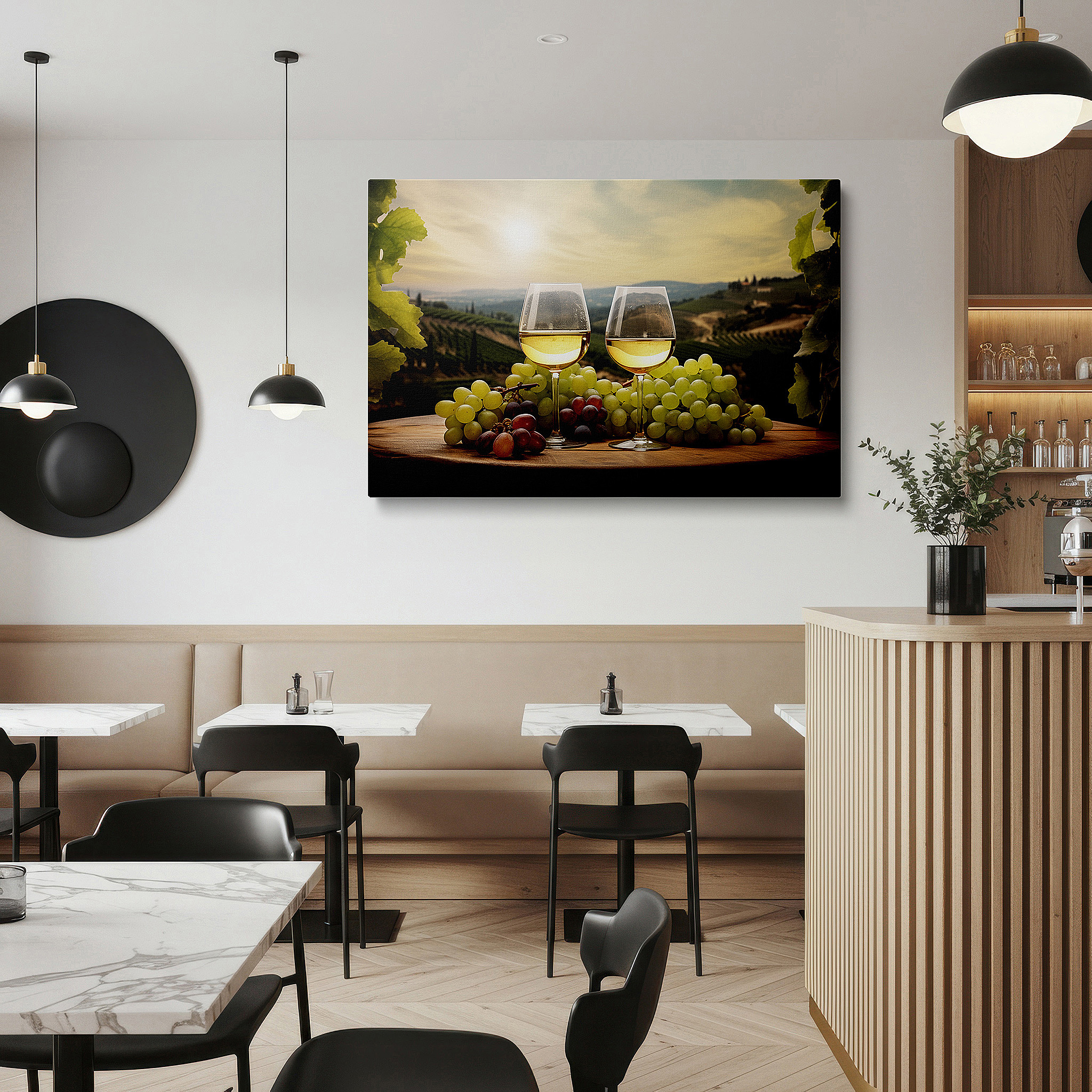 Displayed above a contemporary leather sofa in warm light — sunset serenity over vineyard large canvas wall art with white wine toast, perfect for office, bedroom, or living room decor