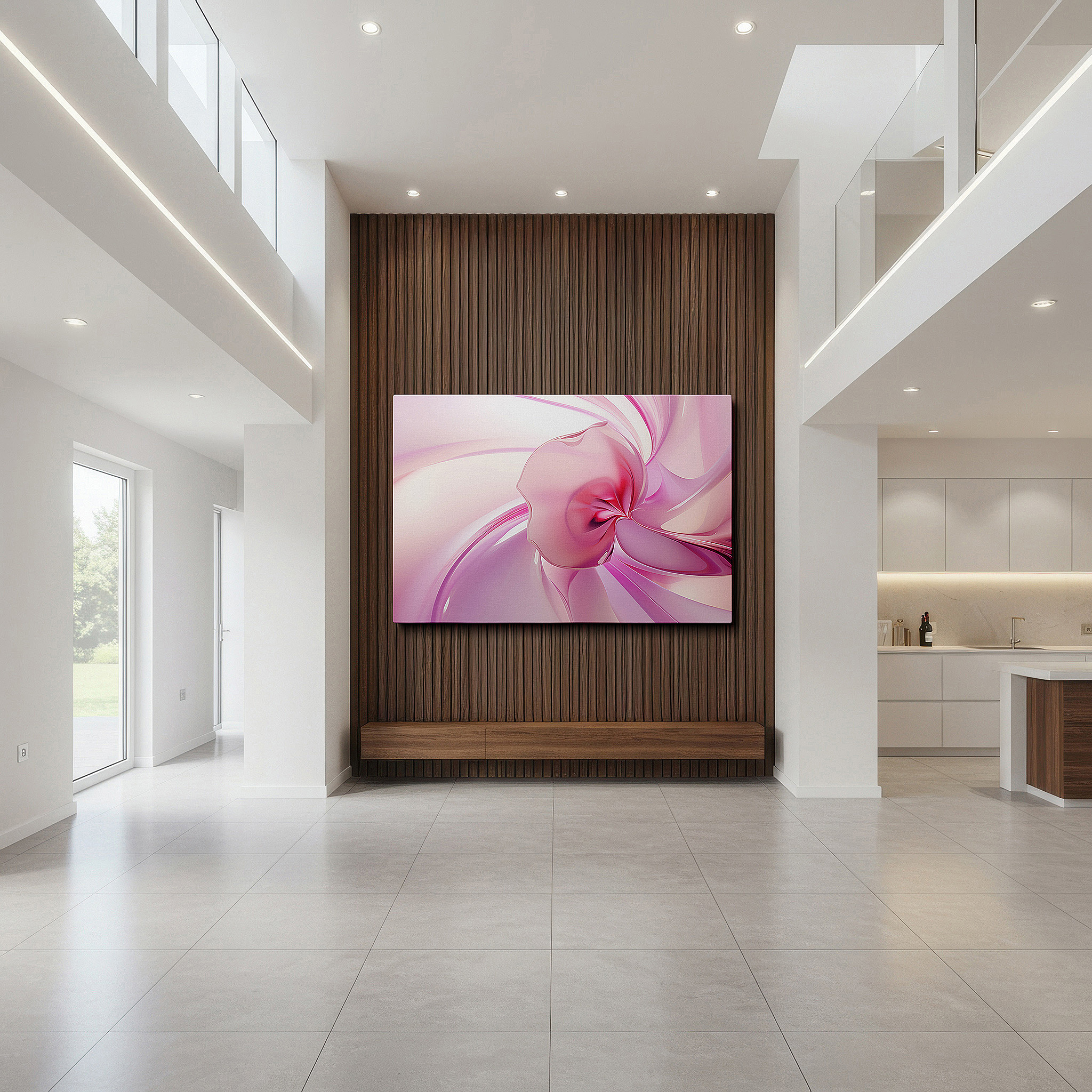 Displayed above a contemporary leather sofa in warm light — swirling pink petals in constant motion: a modern masterpiece of change and fleeting beauty - large wall art, canvas wall art, wall decor