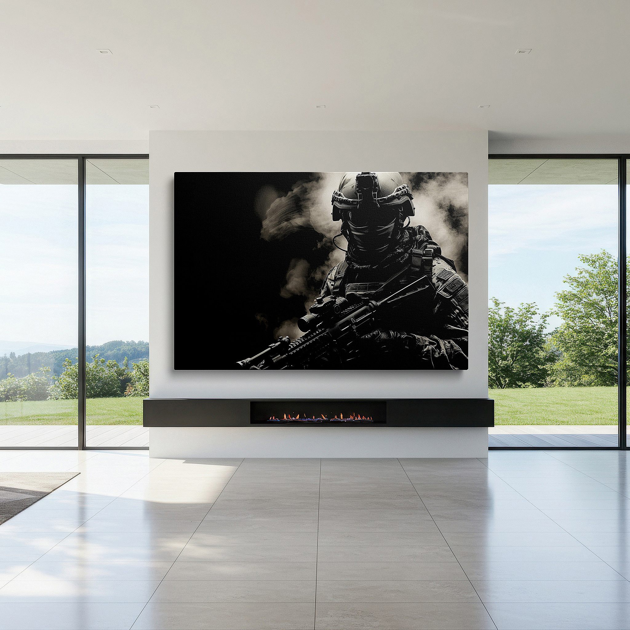 Displayed above a contemporary leather sofa in warm light — tactical soldier in smoke wall art, symbolizing valor and readiness, ideal for office and bedroom decor