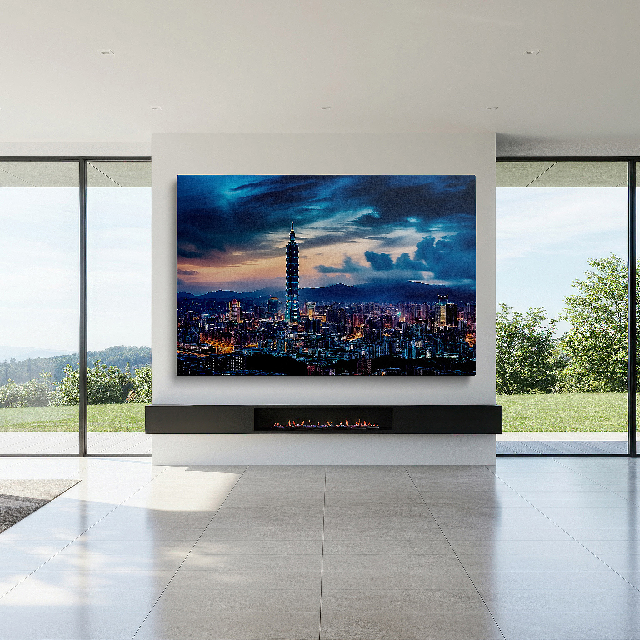 Displayed above a contemporary leather sofa in warm light — taipei 101 tower lit up: a dazzling gem in the evening cityscape - large wall art, canvas wall art, wall decor for office and bedroom