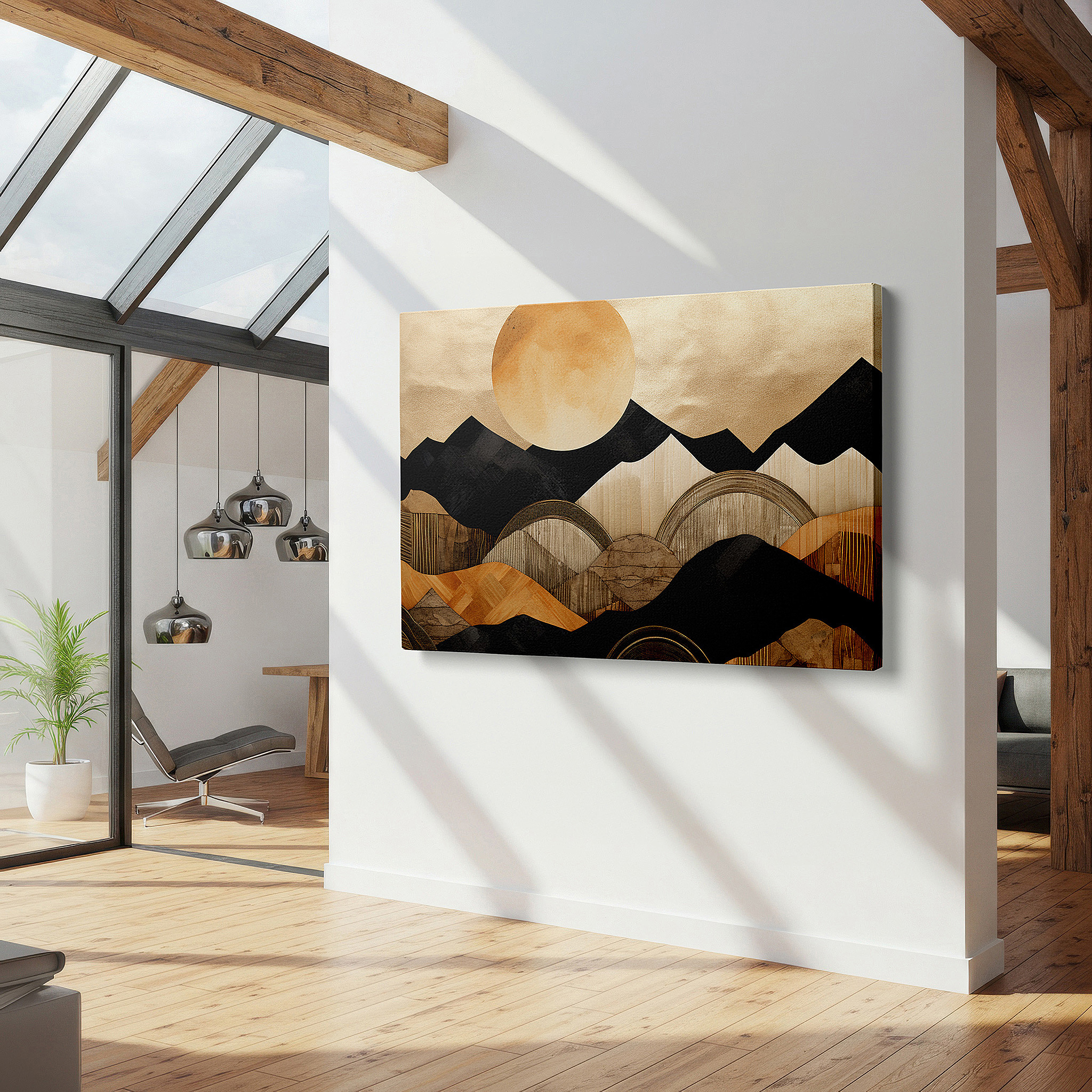 Displayed above a contemporary leather sofa in warm light — textured mountains and radiant sun in warm tones, symbolizing hope and creativity, large wall art, canvas wall art, wall decor for office