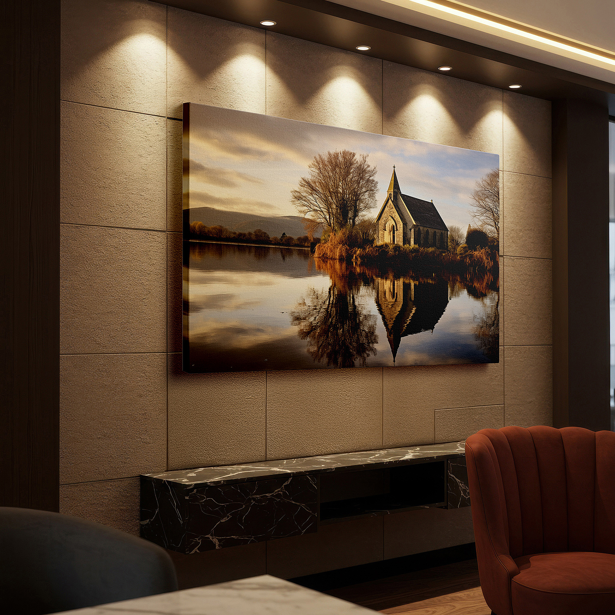Displayed above a contemporary leather sofa in warm light — tranquil lake and serene church reflections evening hues large canvas wall art for office and bedroom decor
