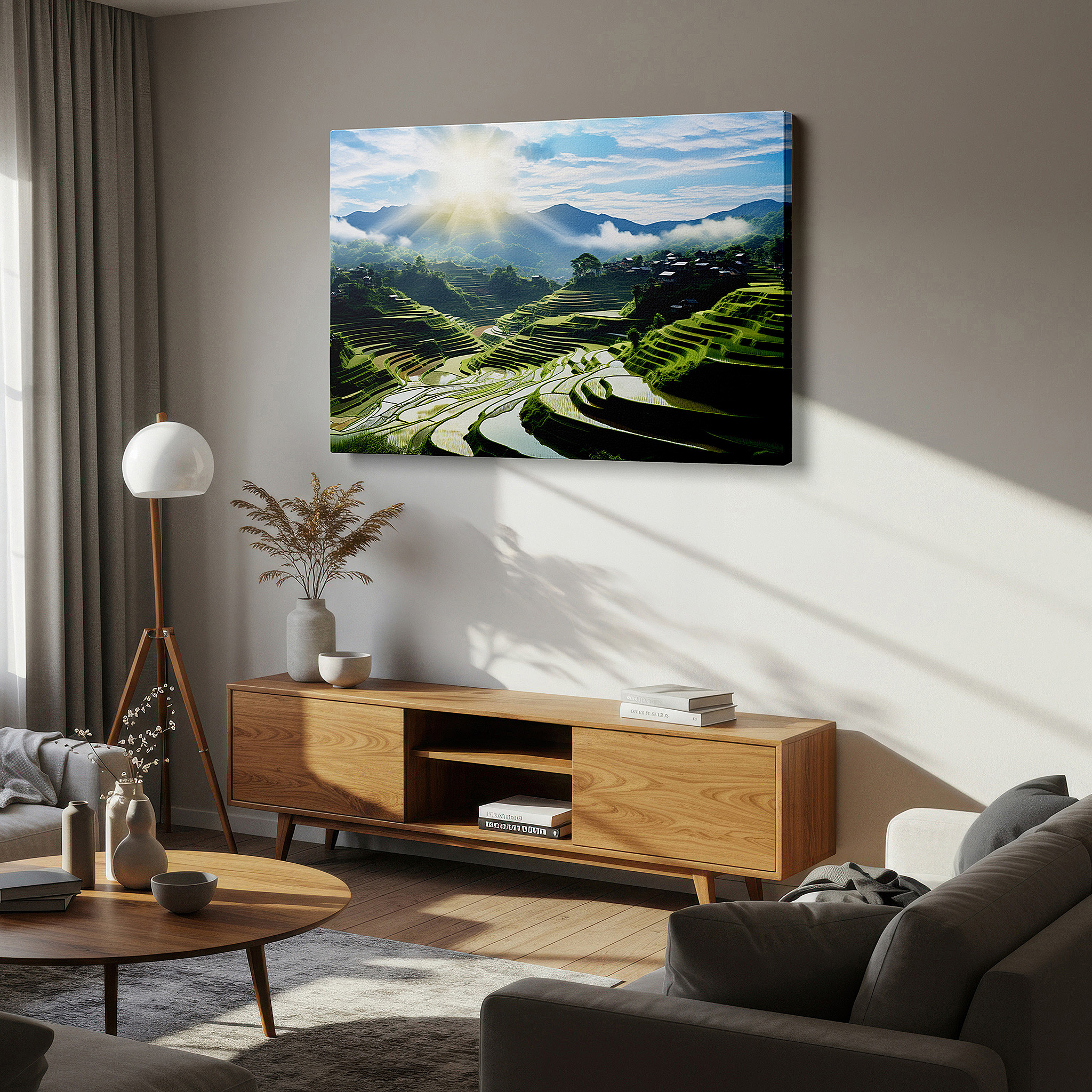 Displayed above a contemporary leather sofa in warm light — tranquil terraced rice fields and sunlit mountains large canvas wall art for office, bedroom, and living room decor