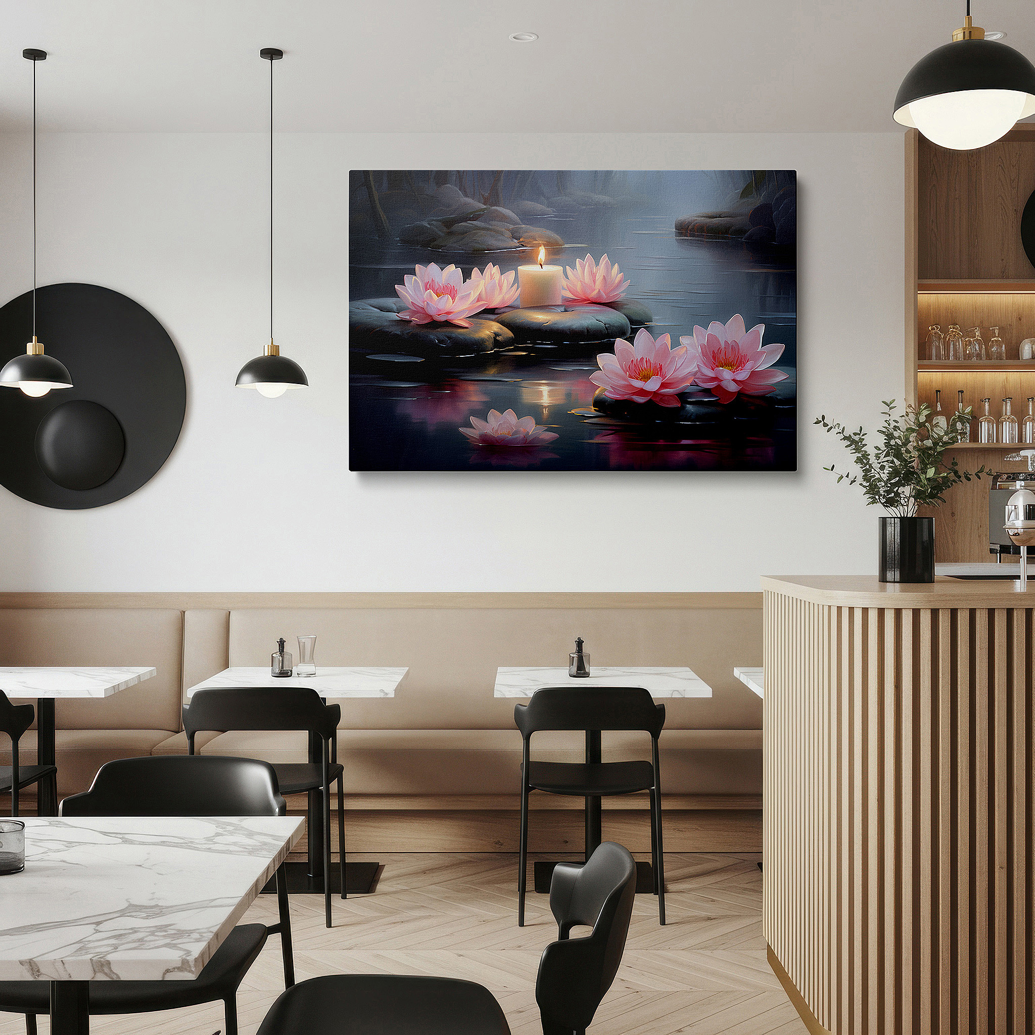 Displayed above a contemporary leather sofa in warm light — tranquil waterscape canvas art featuring pink lotus flowers, symbols of purity and spiritual awakening - ideal for office and home decor