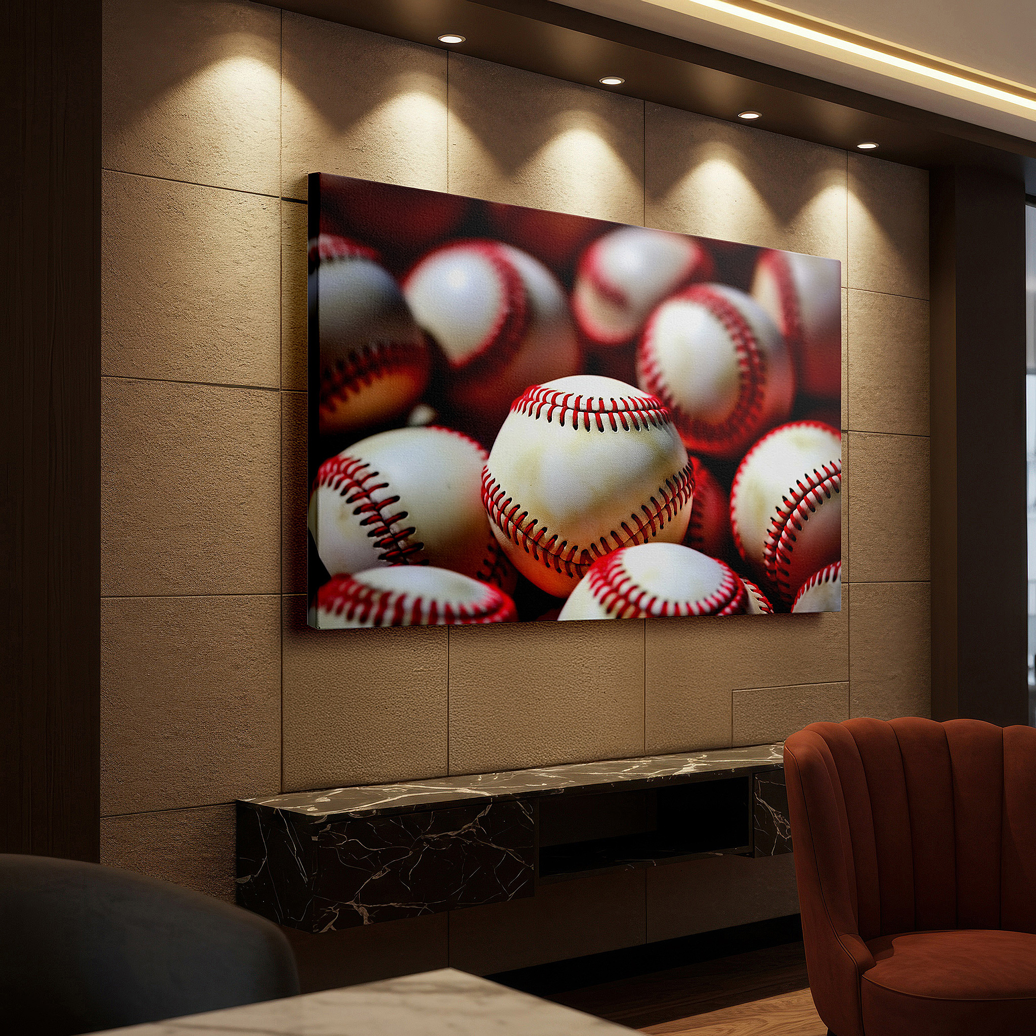 Displayed above a contemporary leather sofa in warm light — a tribute to america's favorite sport: precision-made baseballs with classic red stitching - large wall art, canvas wall art, wall decor for office