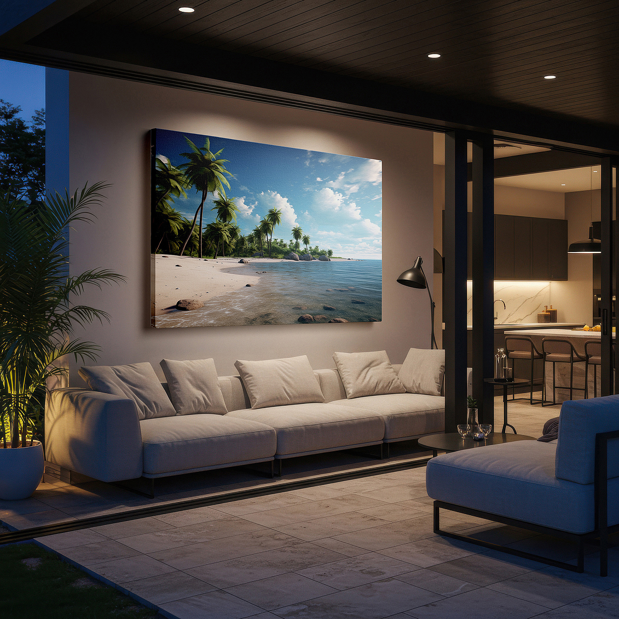 Displayed above a contemporary leather sofa in warm light — tropical beach serenity wall art featuring lush palms and sparkling turquoise waters, ideal for office and bedroom decor