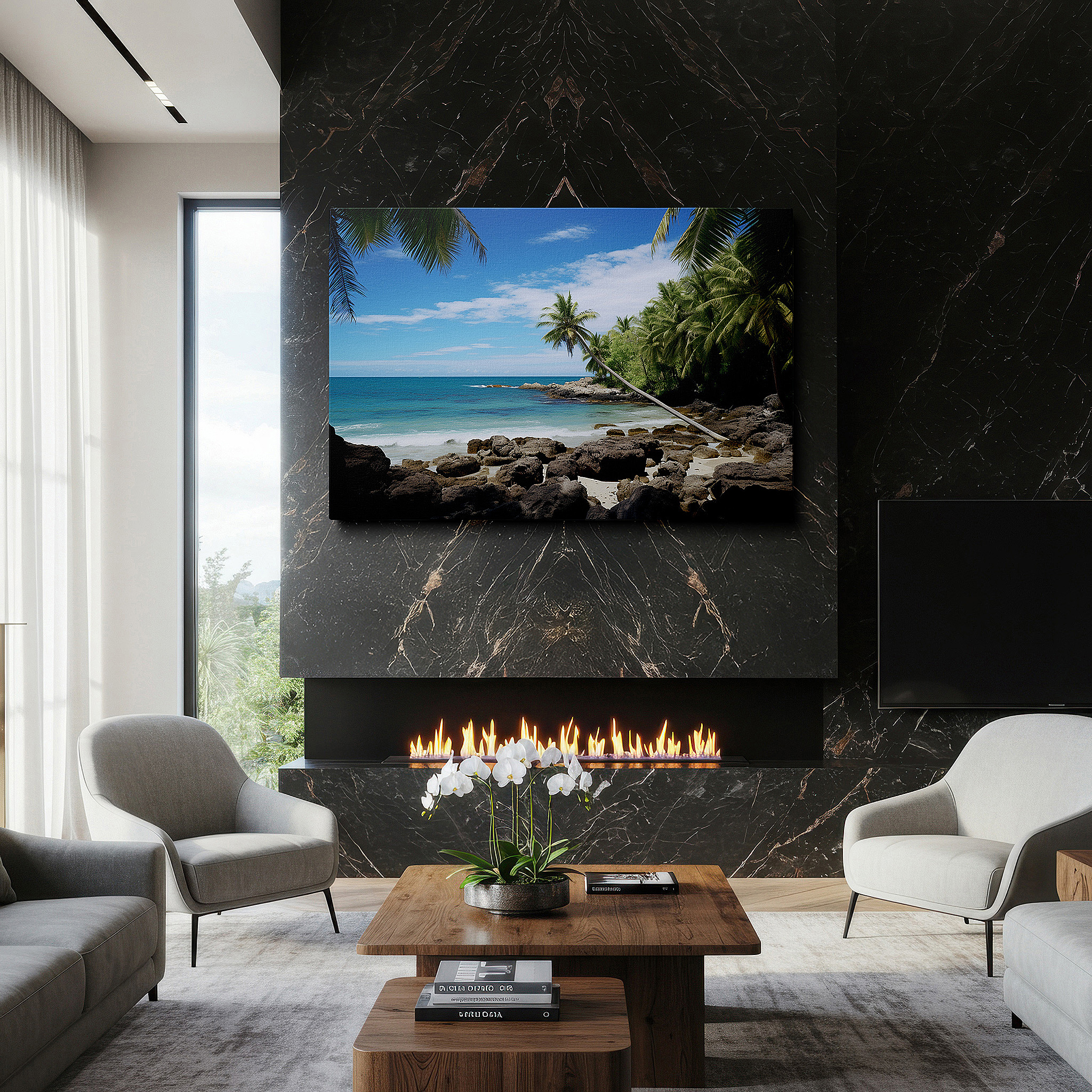 Displayed above a contemporary leather sofa in warm light — tropical paradise canvas wall art featuring palm trees and rocky coastline under a sunlit sky, perfect for office or bedroom decor