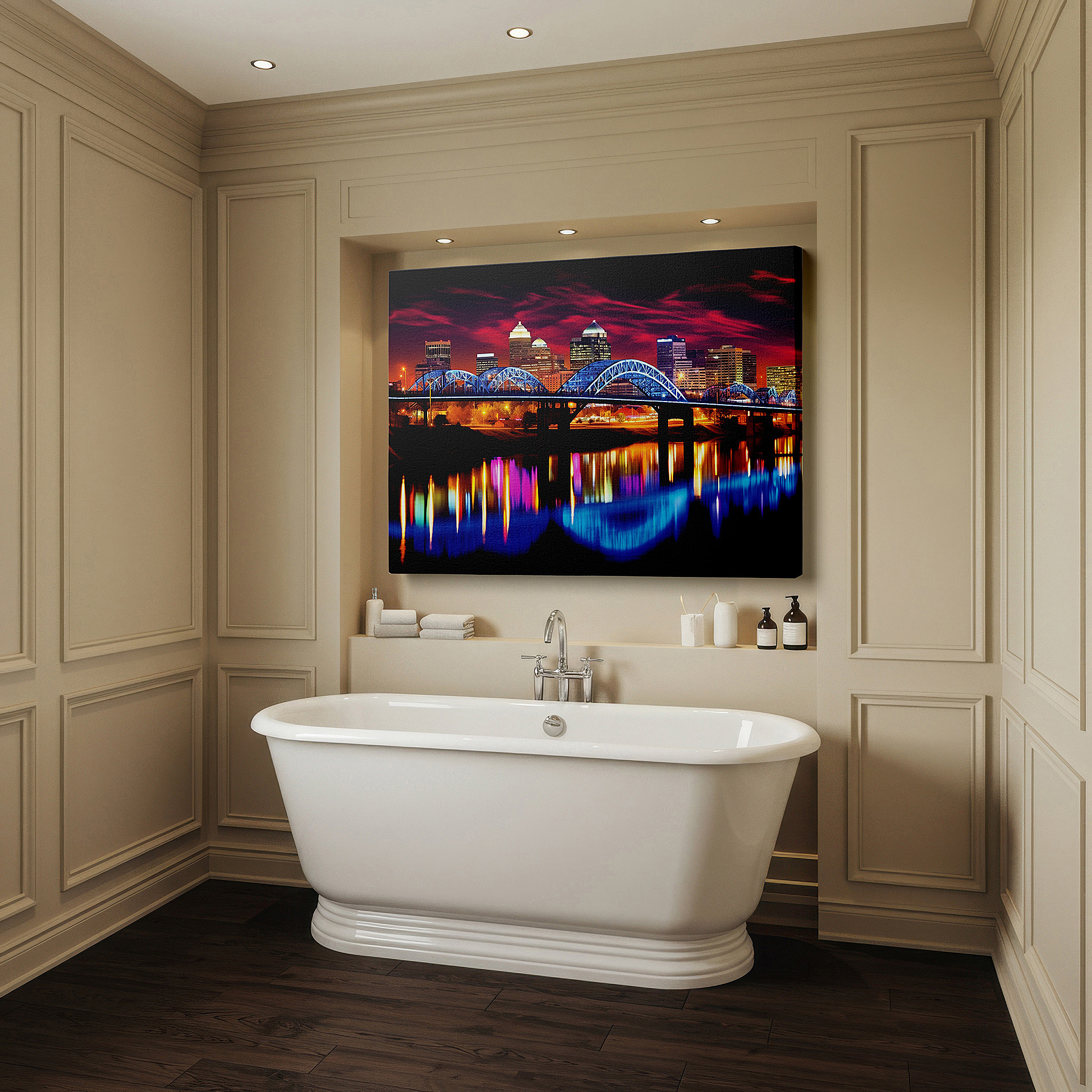 Displayed above a contemporary leather sofa in warm light — urban twilight: where day meets night in the cityscape - large canvas wall art for office and bedroom decor
