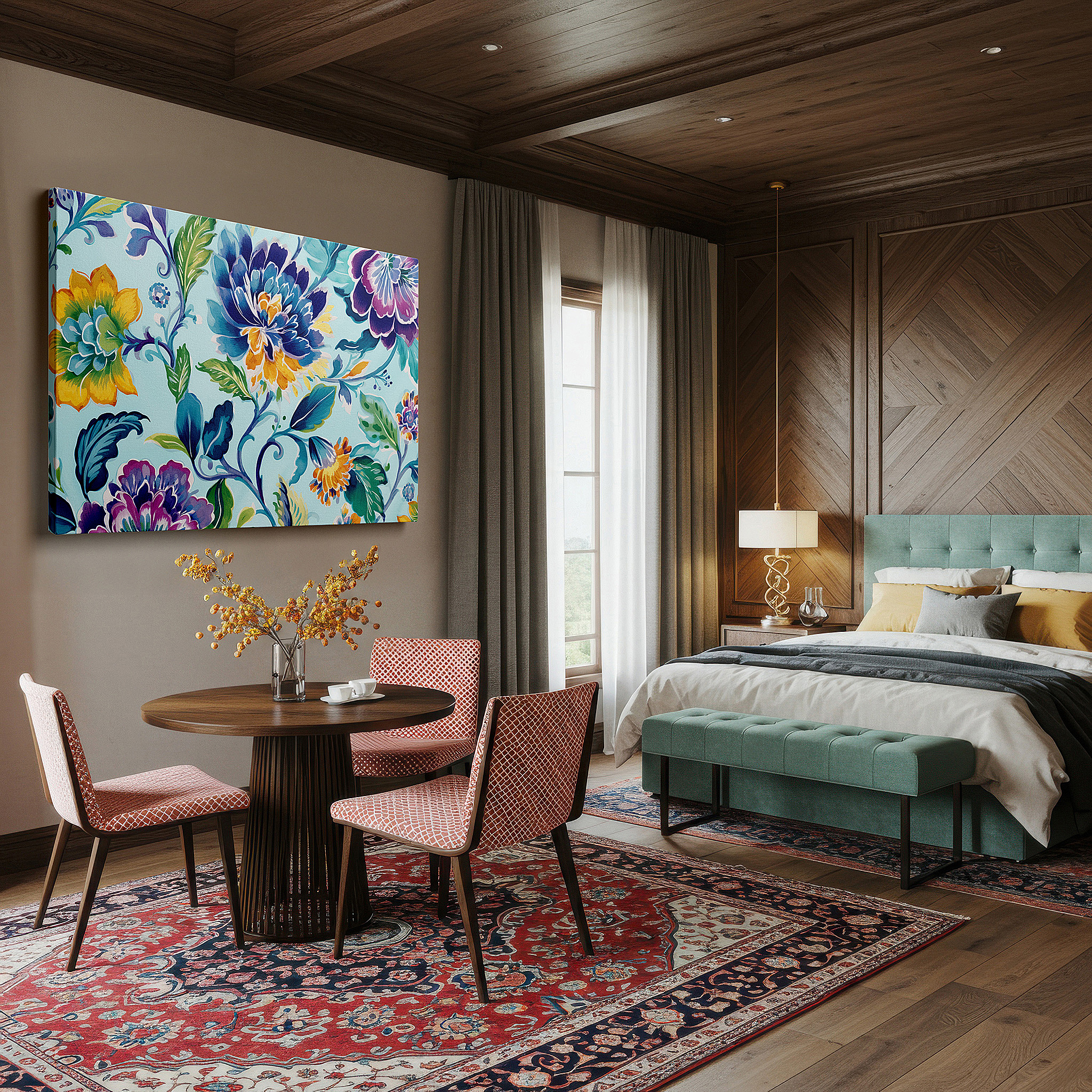 Displayed above a contemporary leather sofa in warm light — vibrant floral symphony in blues, yellows, and greens: large canvas wall art for office, bedroom, and living room decor