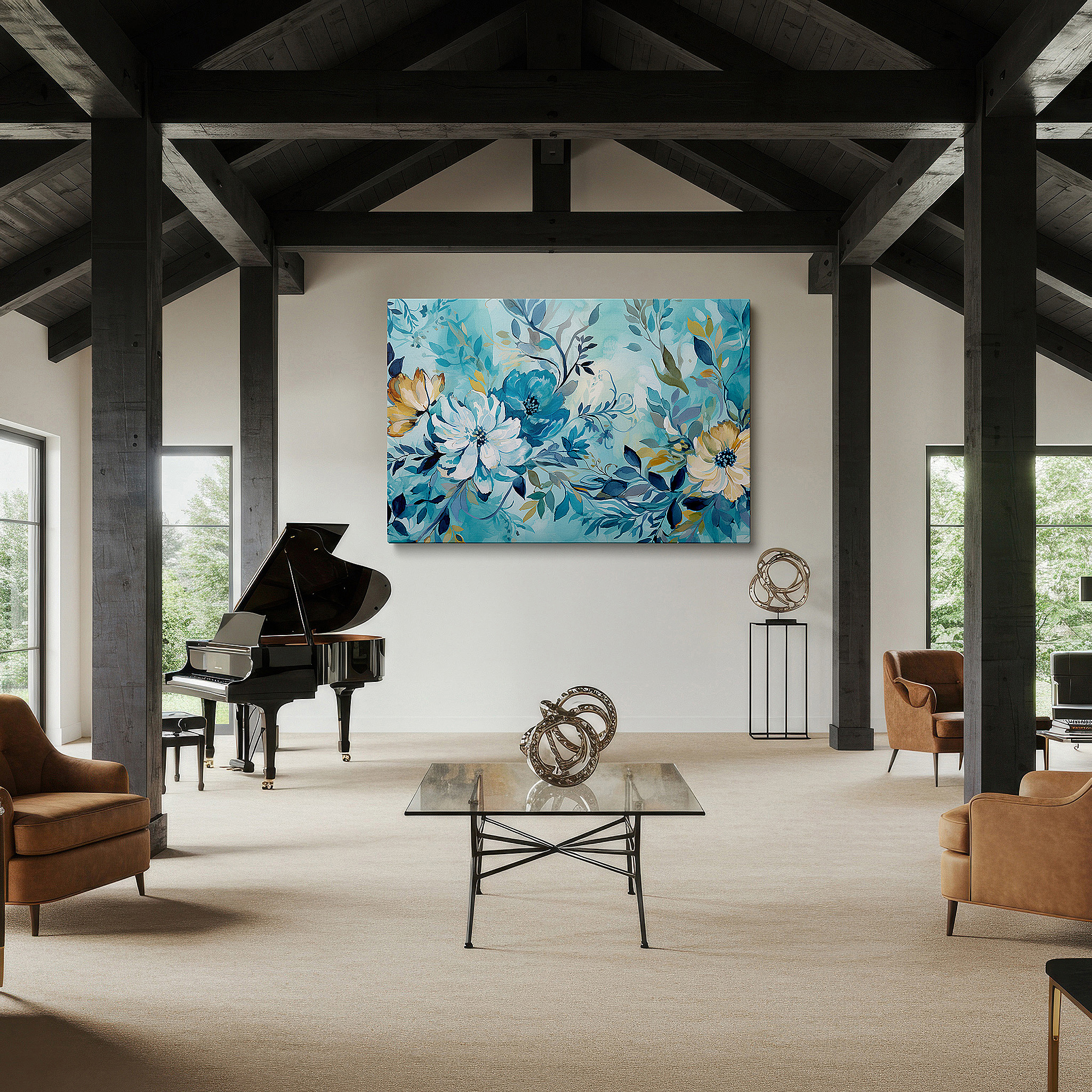 Displayed above a contemporary leather sofa in warm light — vibrant floral symphony in blues and yellows with soft-hued leaves, large canvas wall art for office and bedroom decor