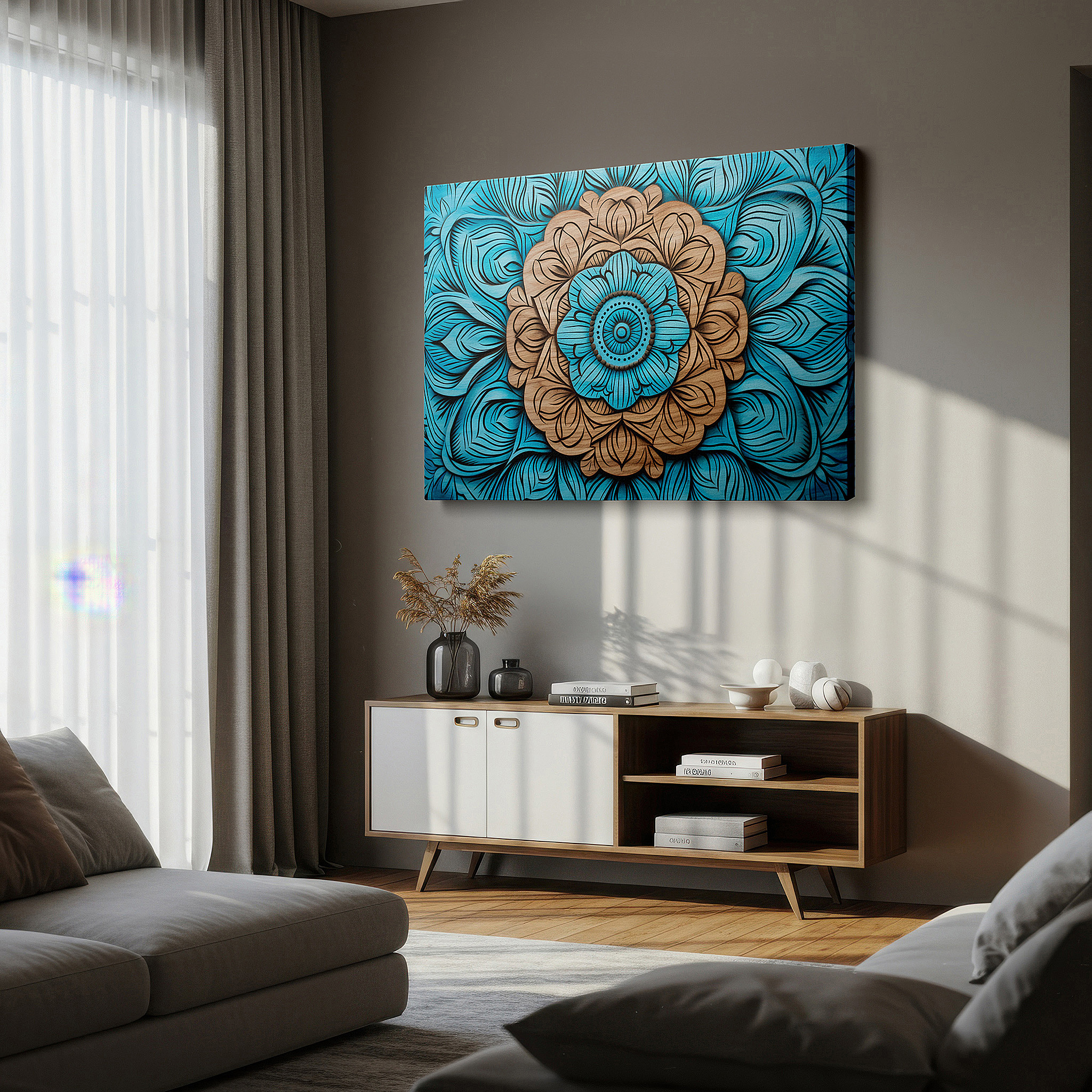 Displayed above a contemporary leather sofa in warm light — vibrant floral wood carving wall art: a fusion of traditional craftsmanship and modern aesthetics for home and office decor