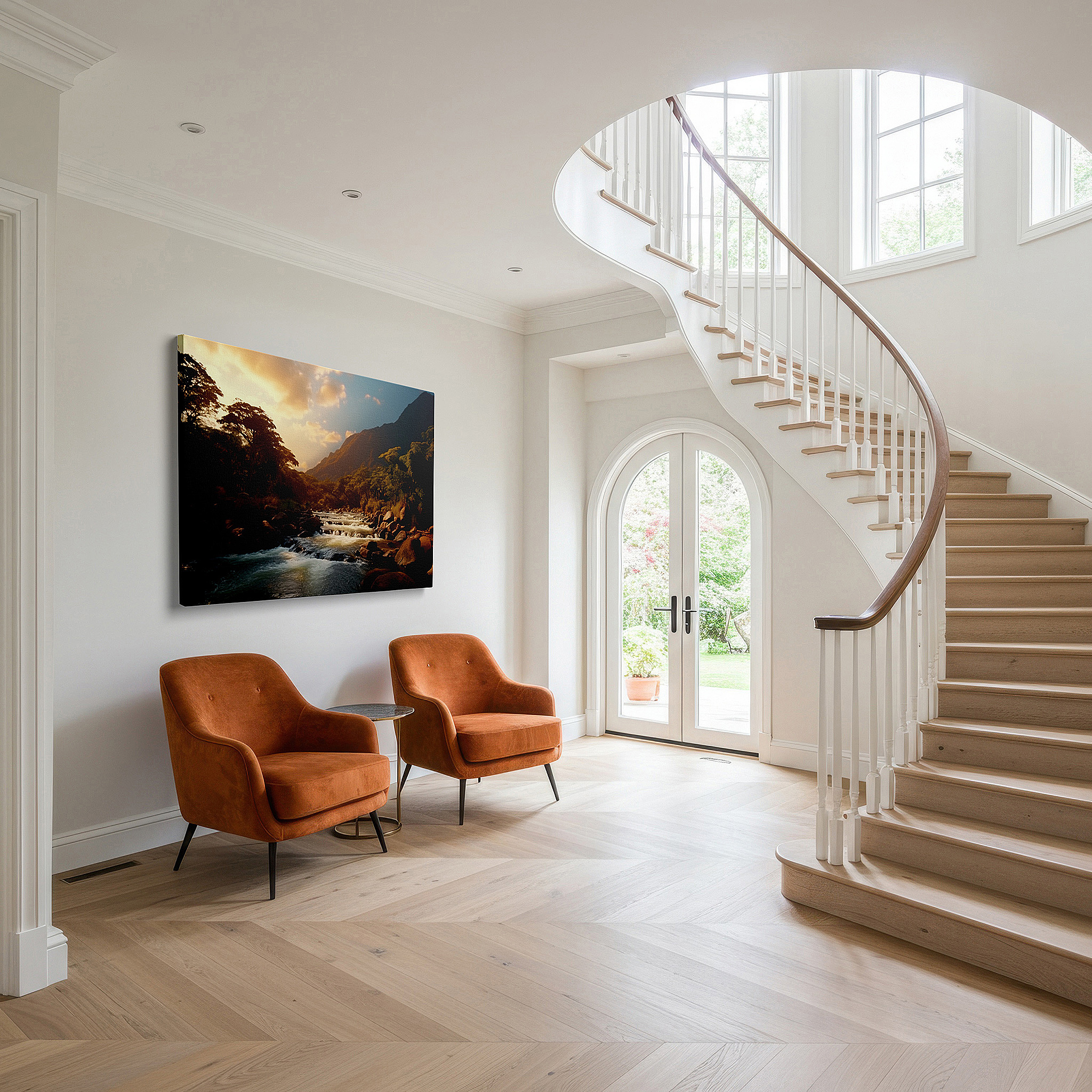 Displayed above a contemporary leather sofa in warm light — vibrant rushing stream and serene greenery at dusk large wall art, canvas wall art, wall decor for office, bedroom, and living room
