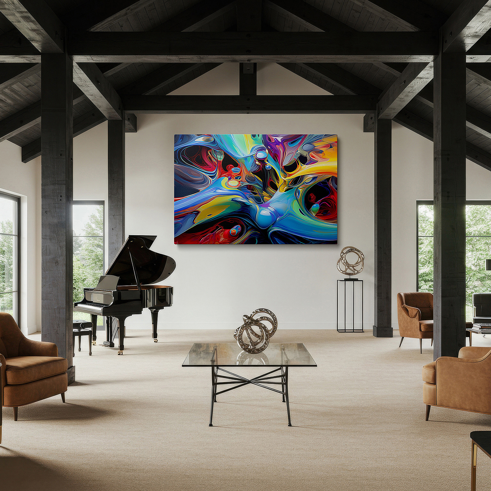 Displayed above a contemporary leather sofa in warm light — vibrant symphony of movement and emotion: large wall art in blues, reds, and yellows for office and bedroom decor, canvas wall art