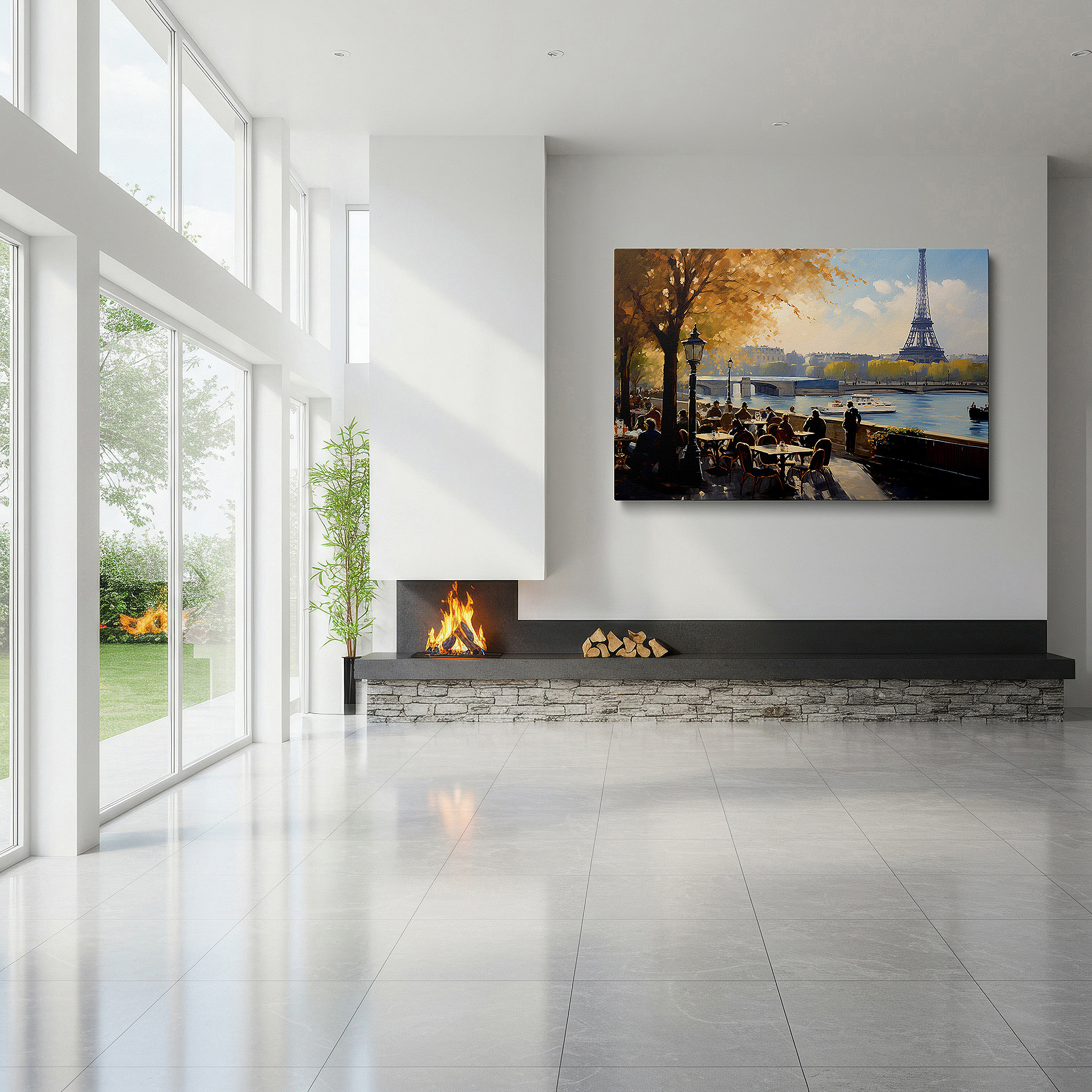 Displayed above a contemporary leather sofa in warm light — wall art: "autumn in paris" - vibrant café scene with the eiffel tower, large canvas wall art for office, bedroom, and living room decor