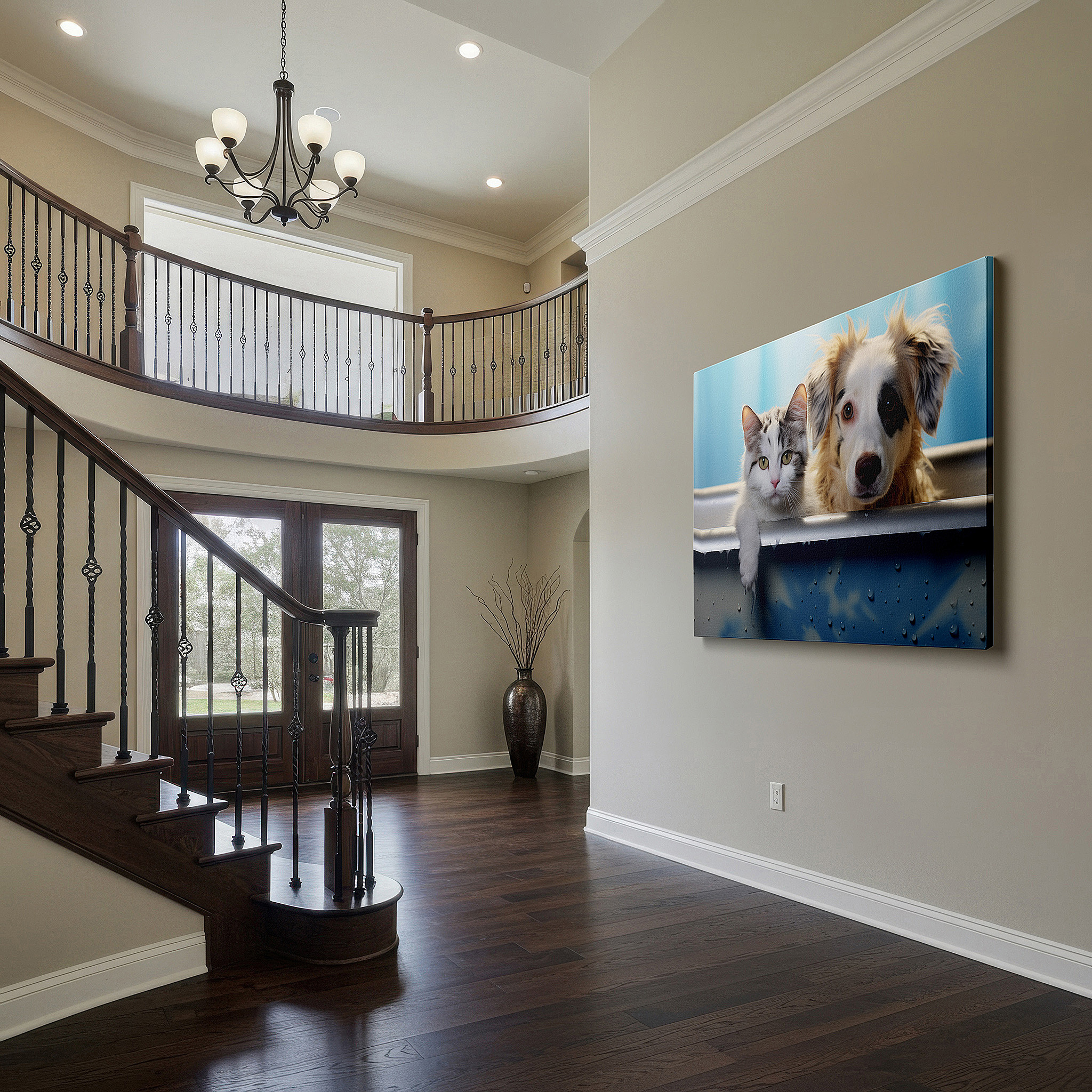 Displayed above a contemporary leather sofa in warm light — wall art: charming scene of a fluffy dog and adorable cat sharing a cozy bathtub, exemplifying interspecies friendship - large canvas wall art decor.