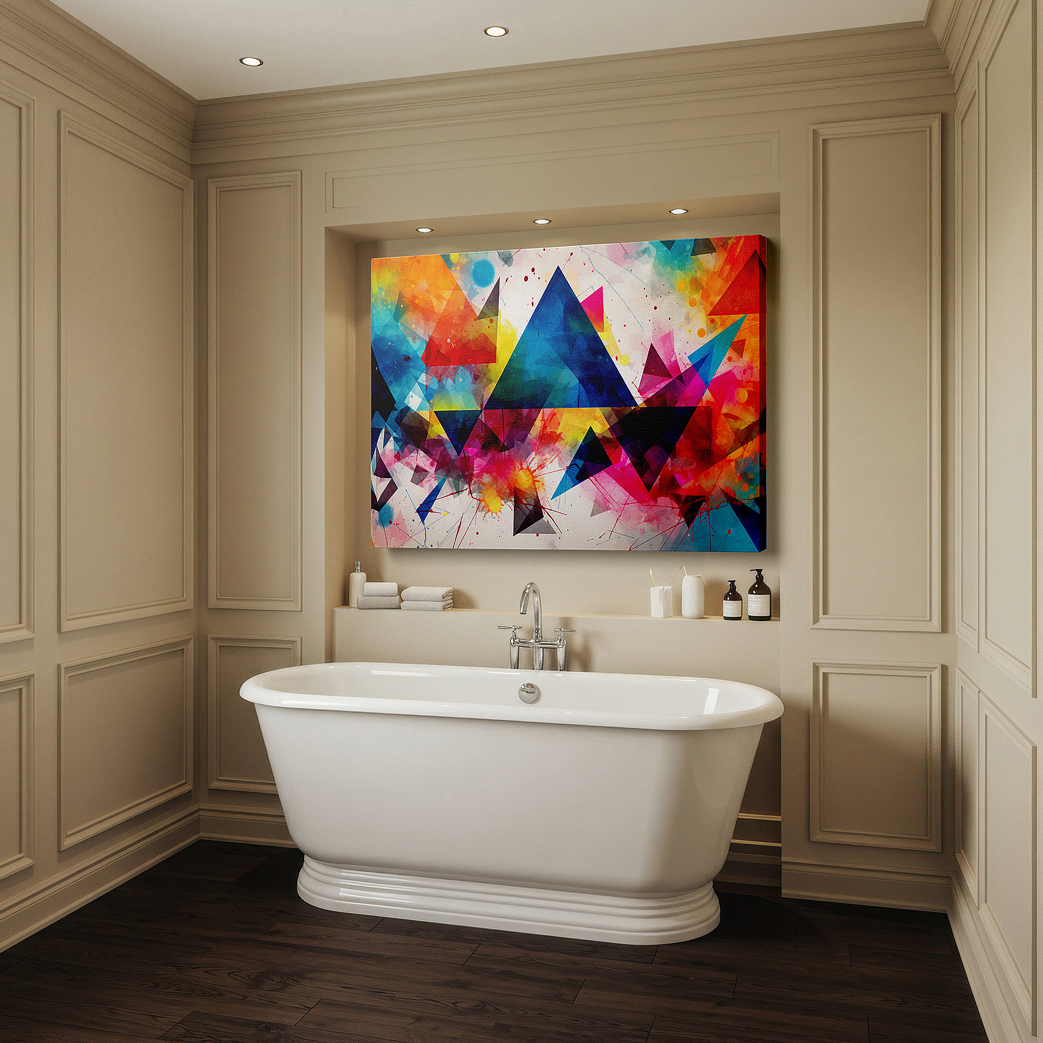 Displayed above a contemporary leather sofa in warm light — wall art: contemporary abstract large canvas featuring a vibrant spectrum of geometric vitality, ideal for office, living room, and bedroom decor.