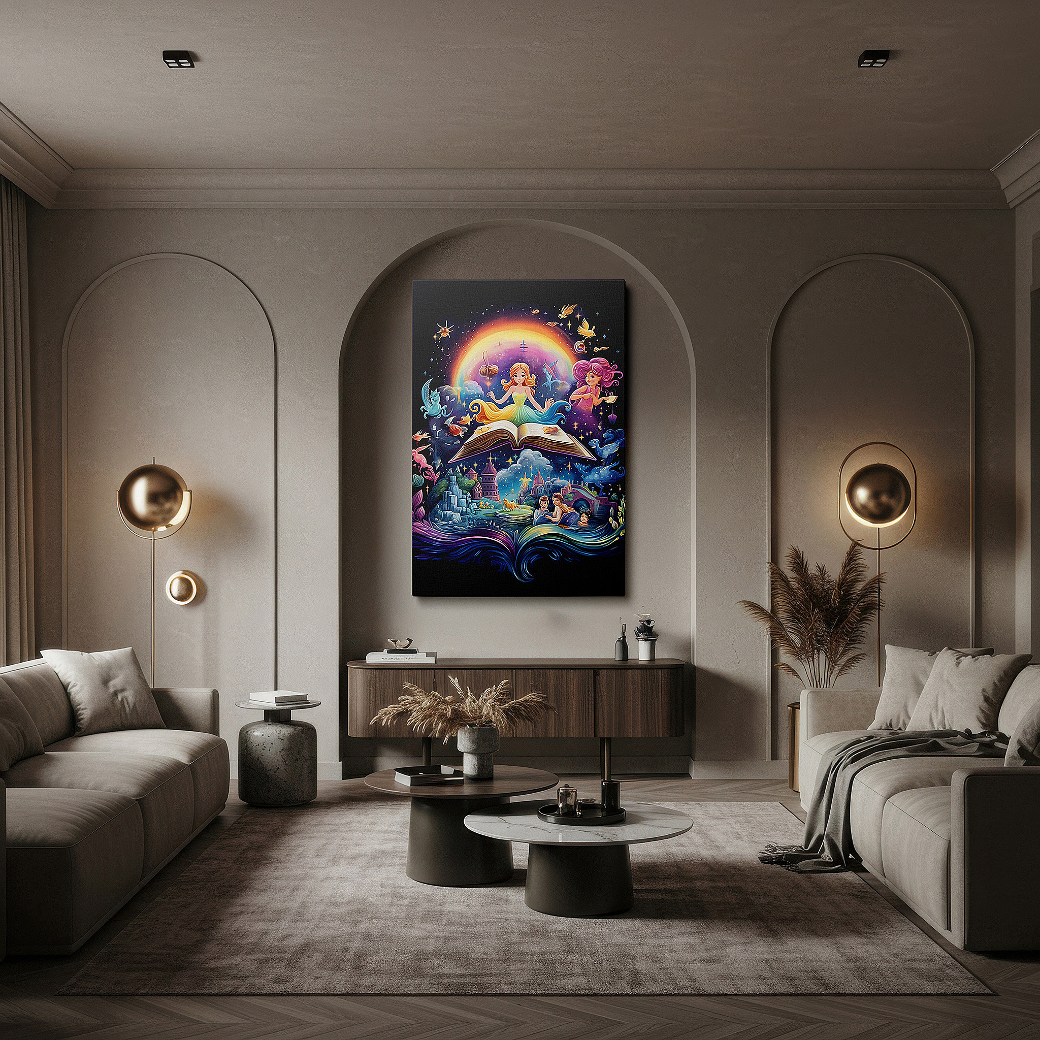 Displayed above a contemporary leather sofa in warm light — wall art: enchanting scene of a girl levitating over a book, unleashing magic and wonder - large canvas for home and office decor, perfect for living rooms and bedrooms.