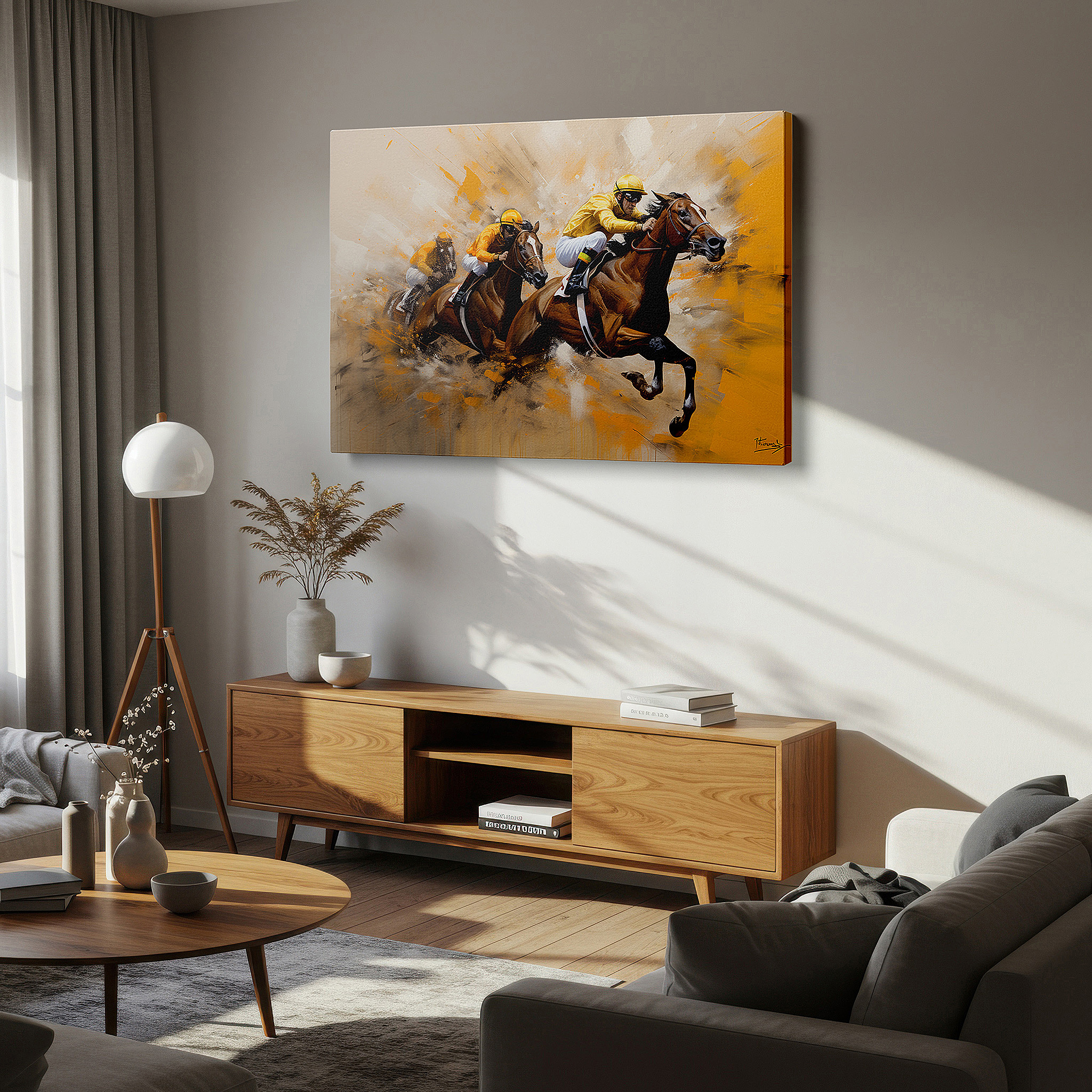Displayed above a contemporary leather sofa in warm light — wall art: experience the excitement of race day with dynamic horse and jockey imagery - large canvas art for home and office decor, perfect for living room and bedroom