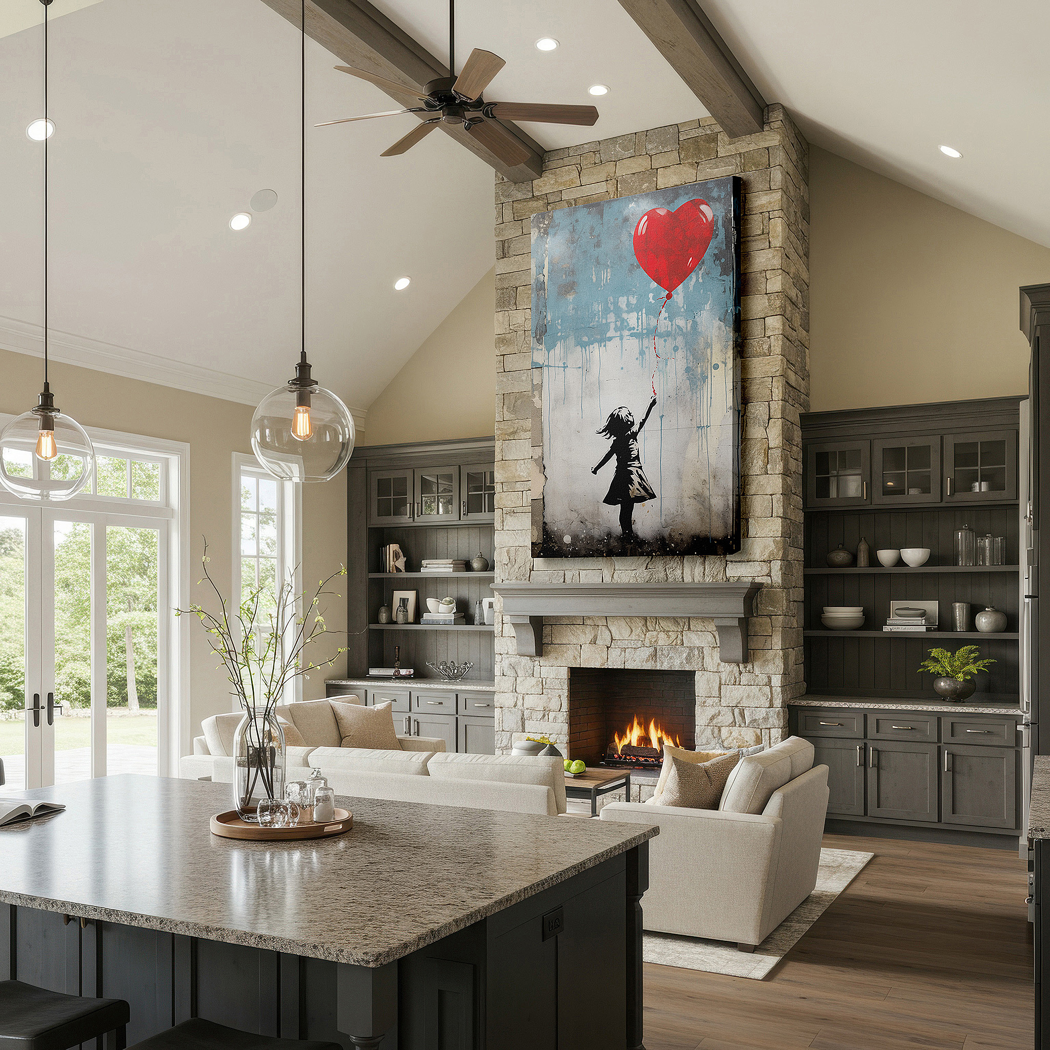 Displayed above a contemporary leather sofa in warm light — wall art: "girl with the heart-shaped balloon" - emblem of hope and dreams amidst urban life. large canvas art for home and office decor, perfect for living room and bedroom
