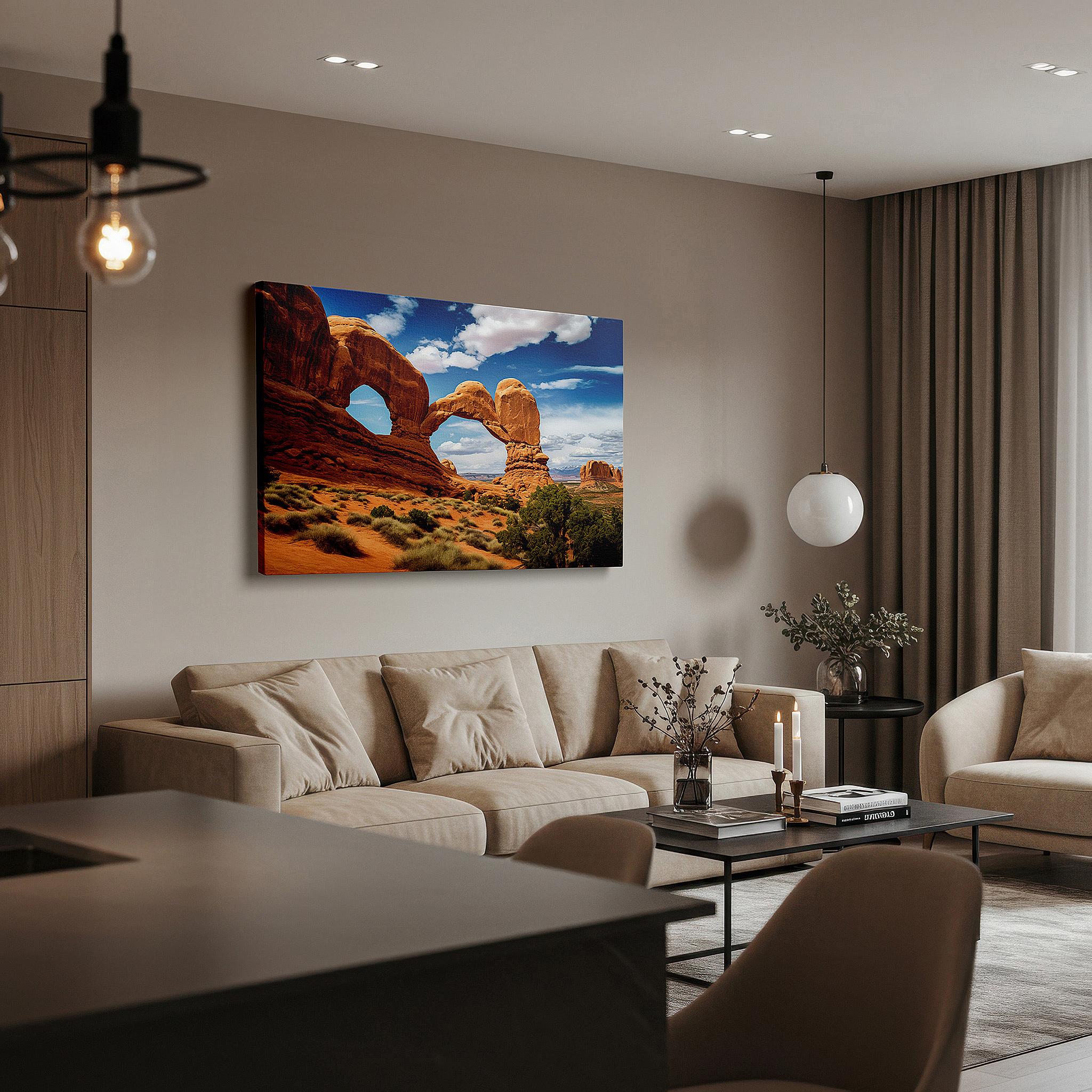 Displayed above a contemporary leather sofa in warm light — wall art: majestic arches of arches national park - timeless natural beauty and serenity. large canvas wall art for home and office decor.
