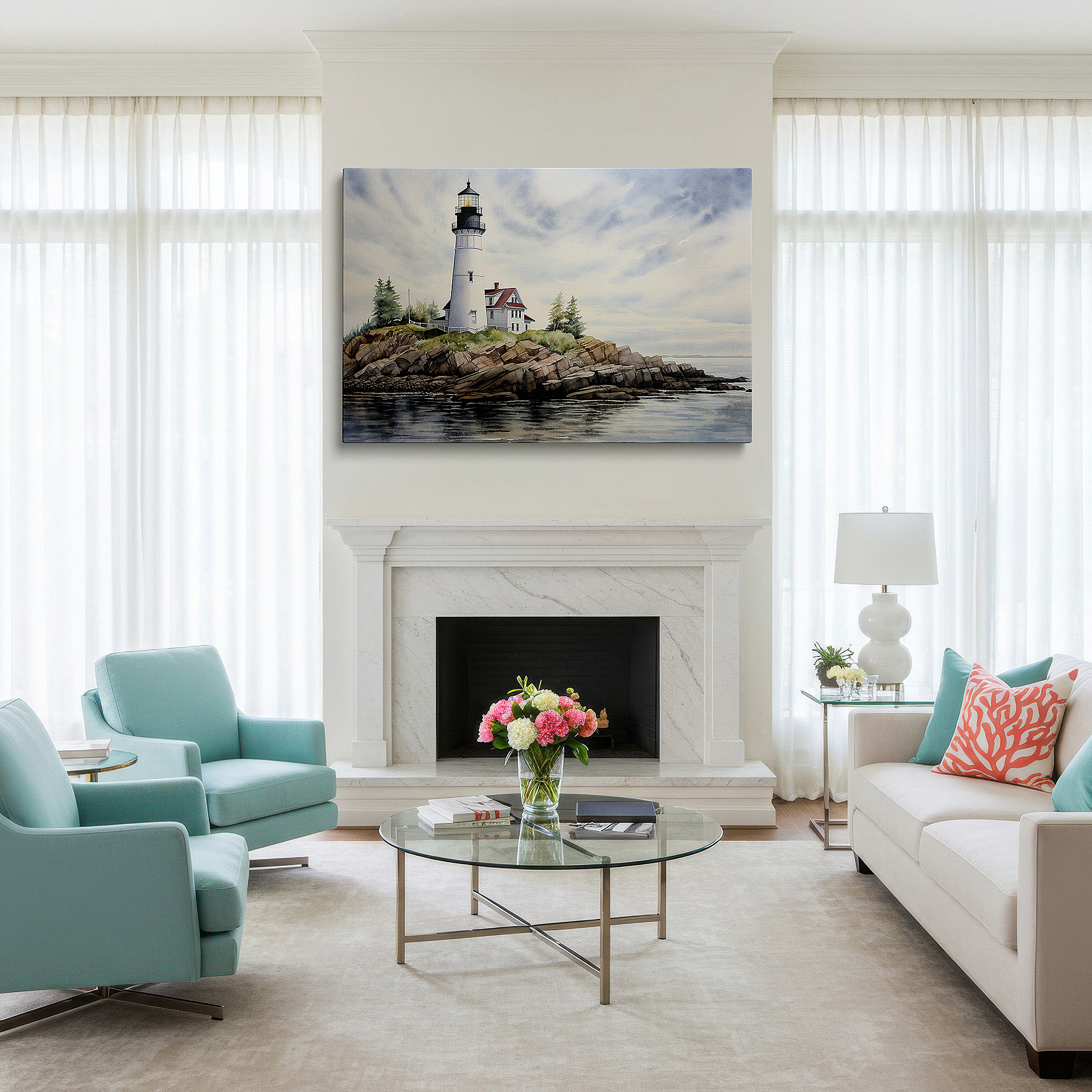 Displayed above a contemporary leather sofa in warm light — wall art: majestic lighthouse on a rugged coastline - a beacon of serenity and nature's beauty. large canvas wall art for home and office decor.