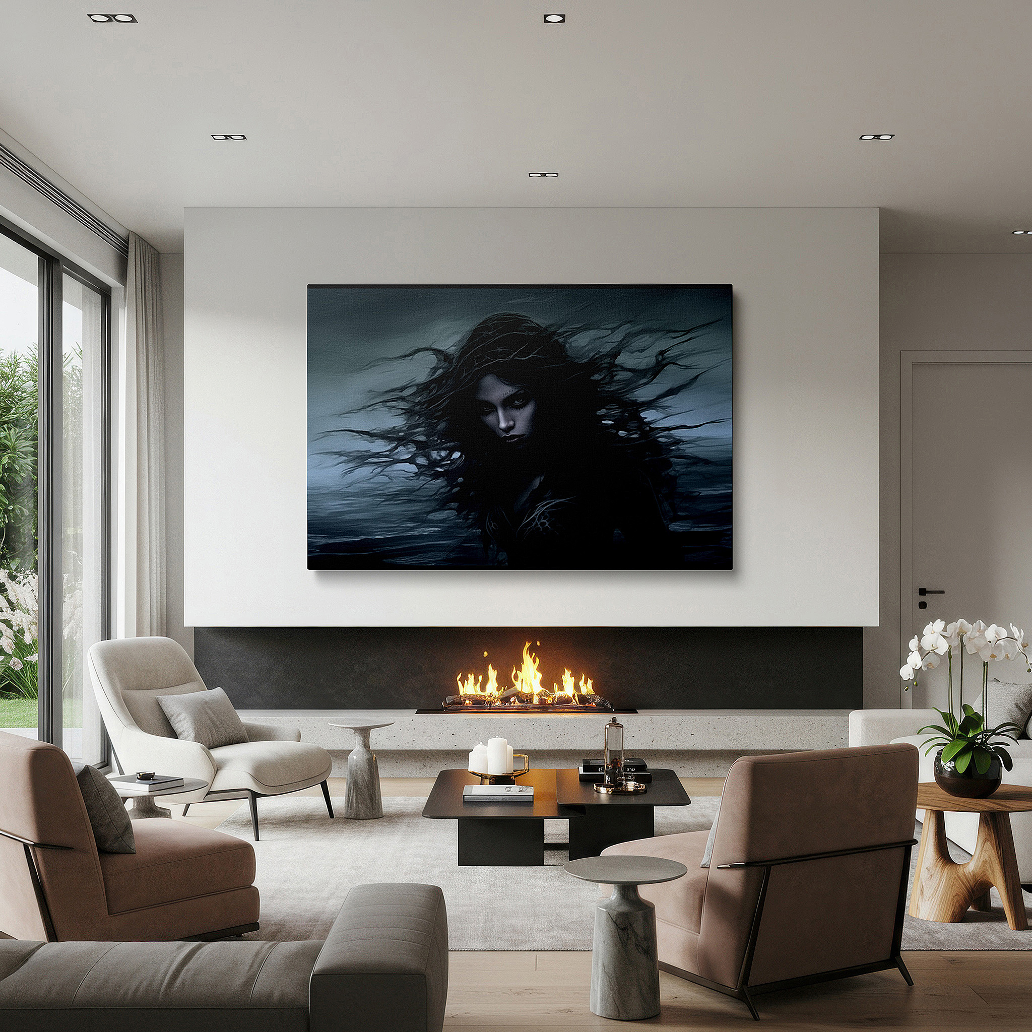 Displayed above a contemporary leather sofa in warm light — wall art: "portrait of a woman amidst nature's fury" - emotive dance with the wild sea, large canvas art for home and office decor, perfect for living room and bedroom