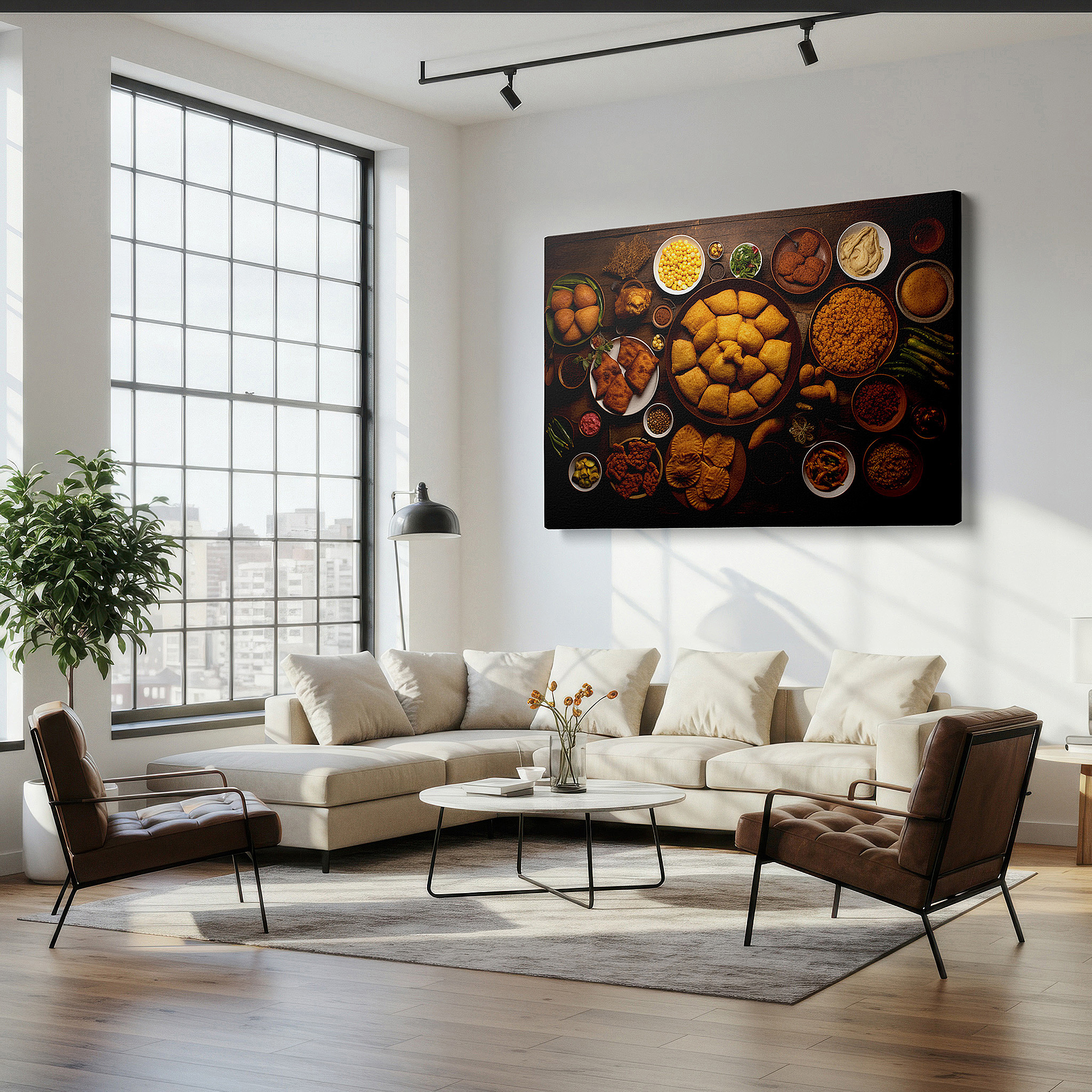 Displayed above a contemporary leather sofa in warm light — wall art: a visual celebration of india's diverse cuisine - featuring large canvas pieces perfect for office or bedroom decor