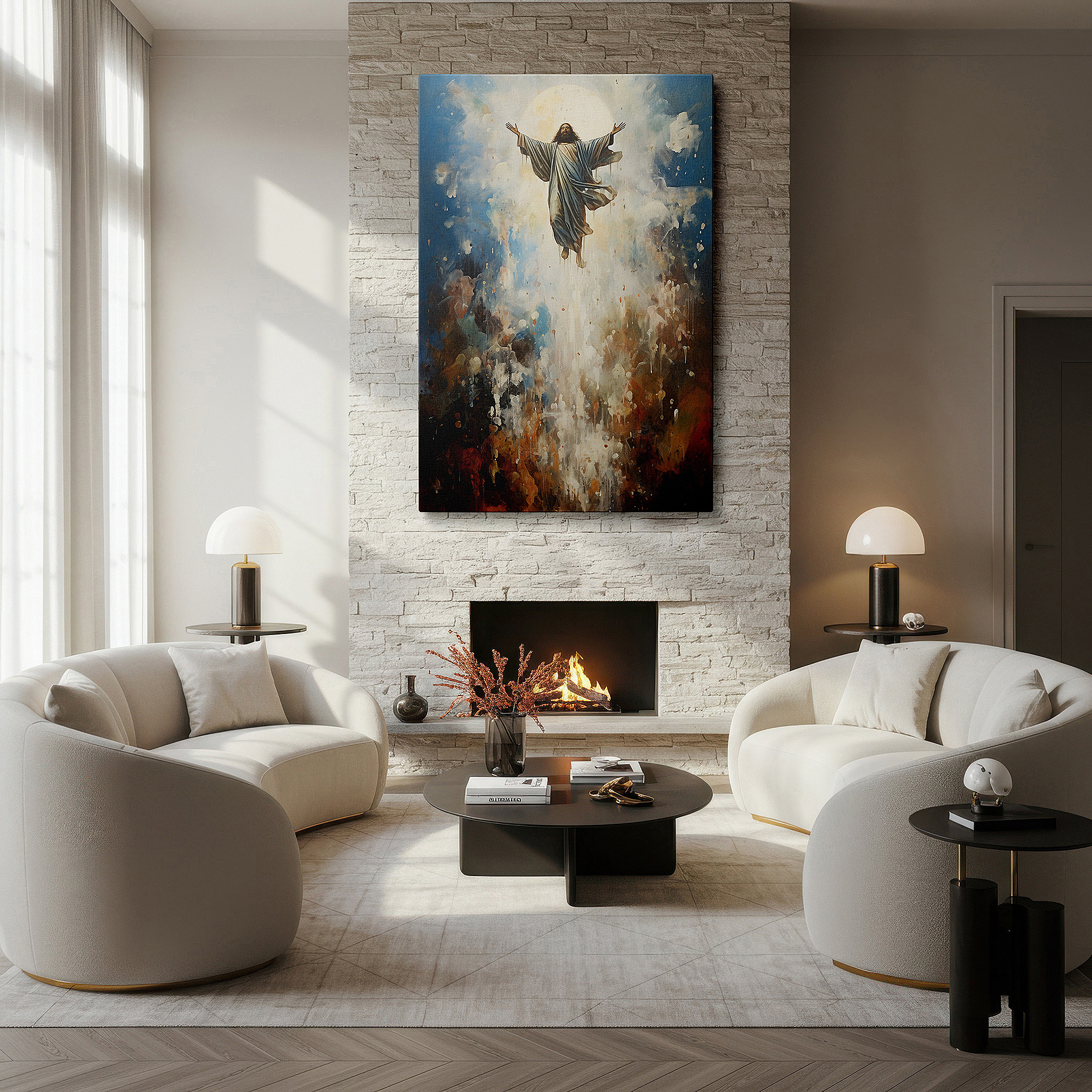 Displayed above a contemporary leather sofa in warm light — wall decor: "ascension amidst vibrant hues" - a celestial journey in blues, golds, and reds. large canvas art for office and bedroom walls