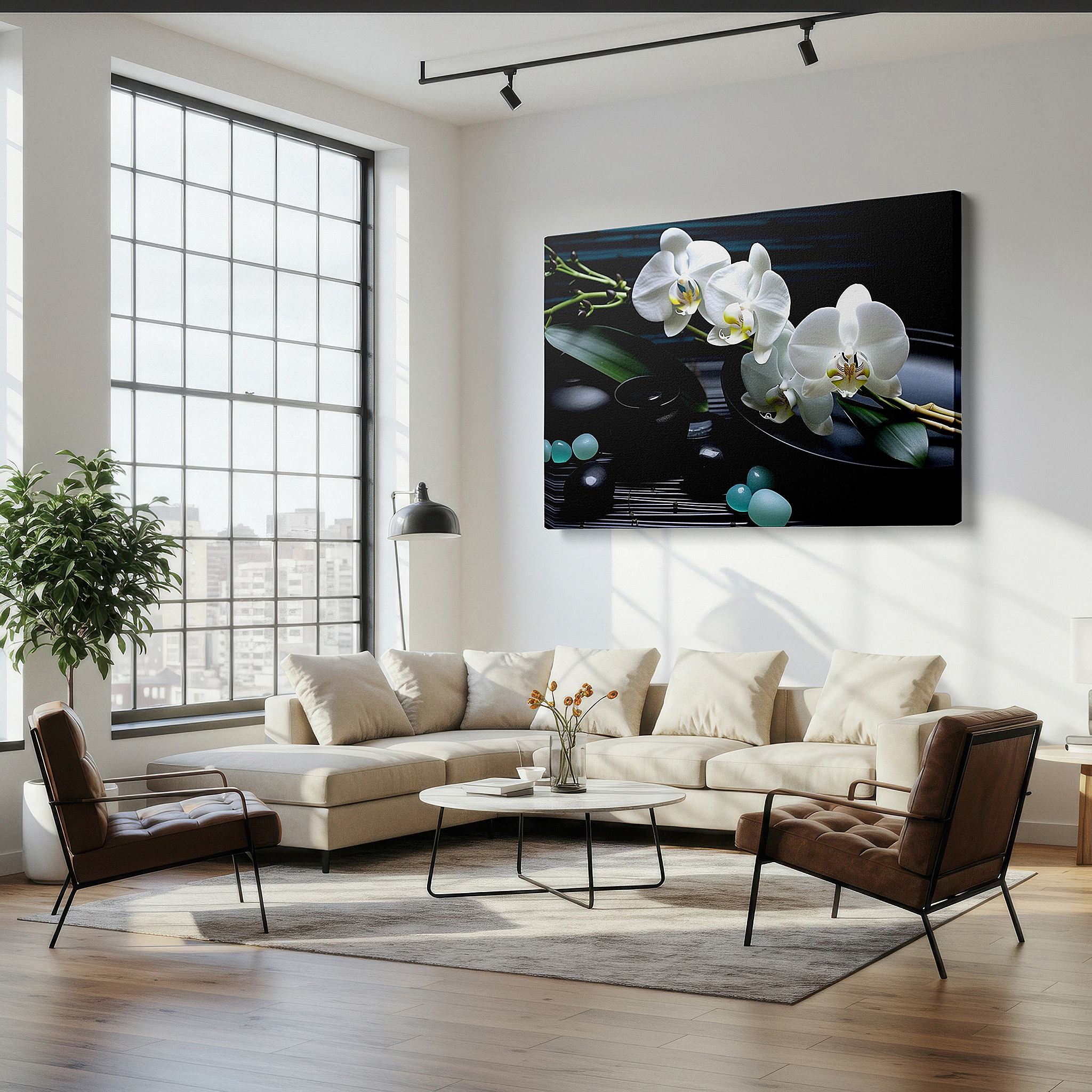 Displayed above a contemporary leather sofa in warm light — wall decor: elegant white orchids and serene stones - large canvas art for office and bedroom