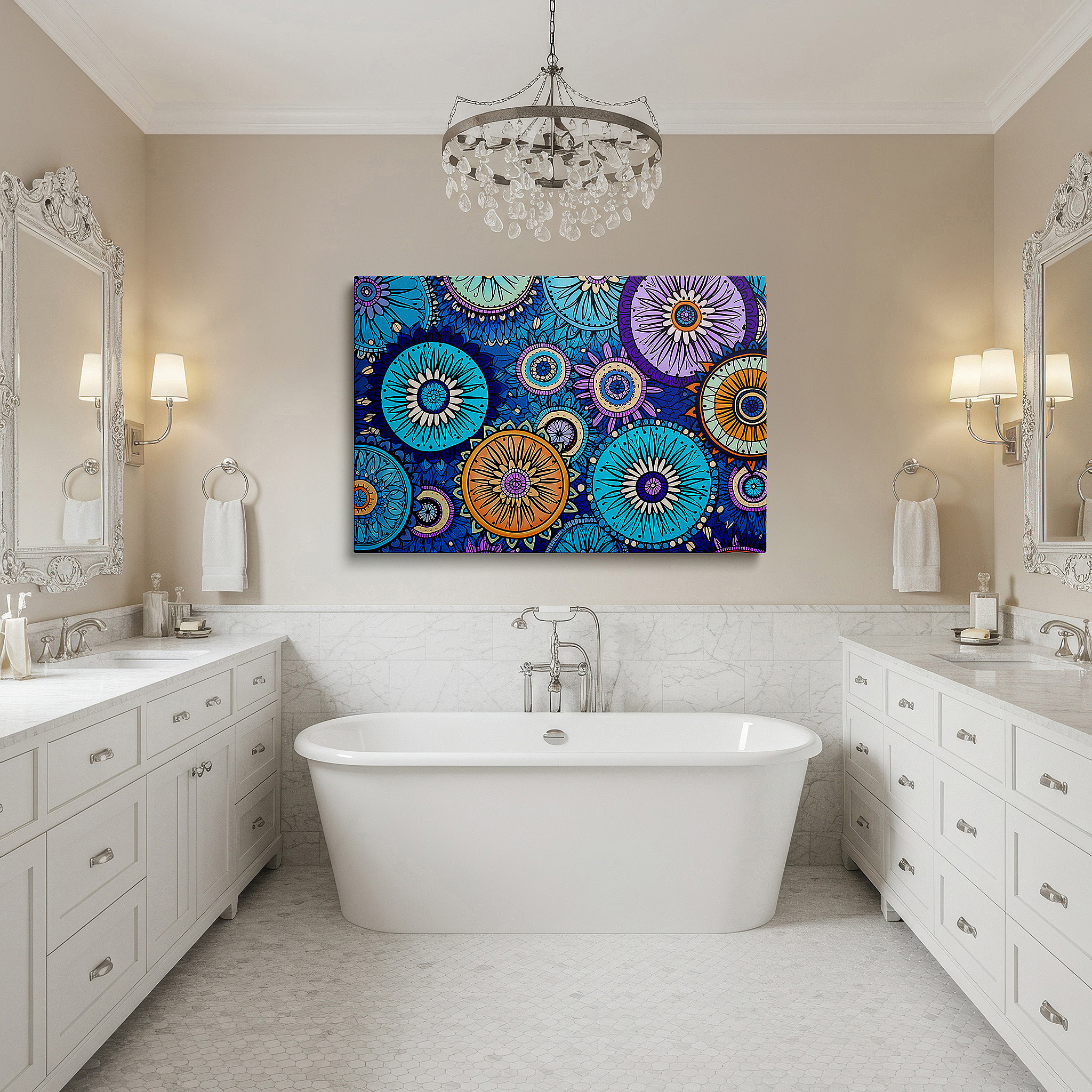 Displayed above a contemporary leather sofa in warm light — wall decor: vibrant circular designs blending geometric sharpness with floral grace - ideal for office, bedroom, and living spaces