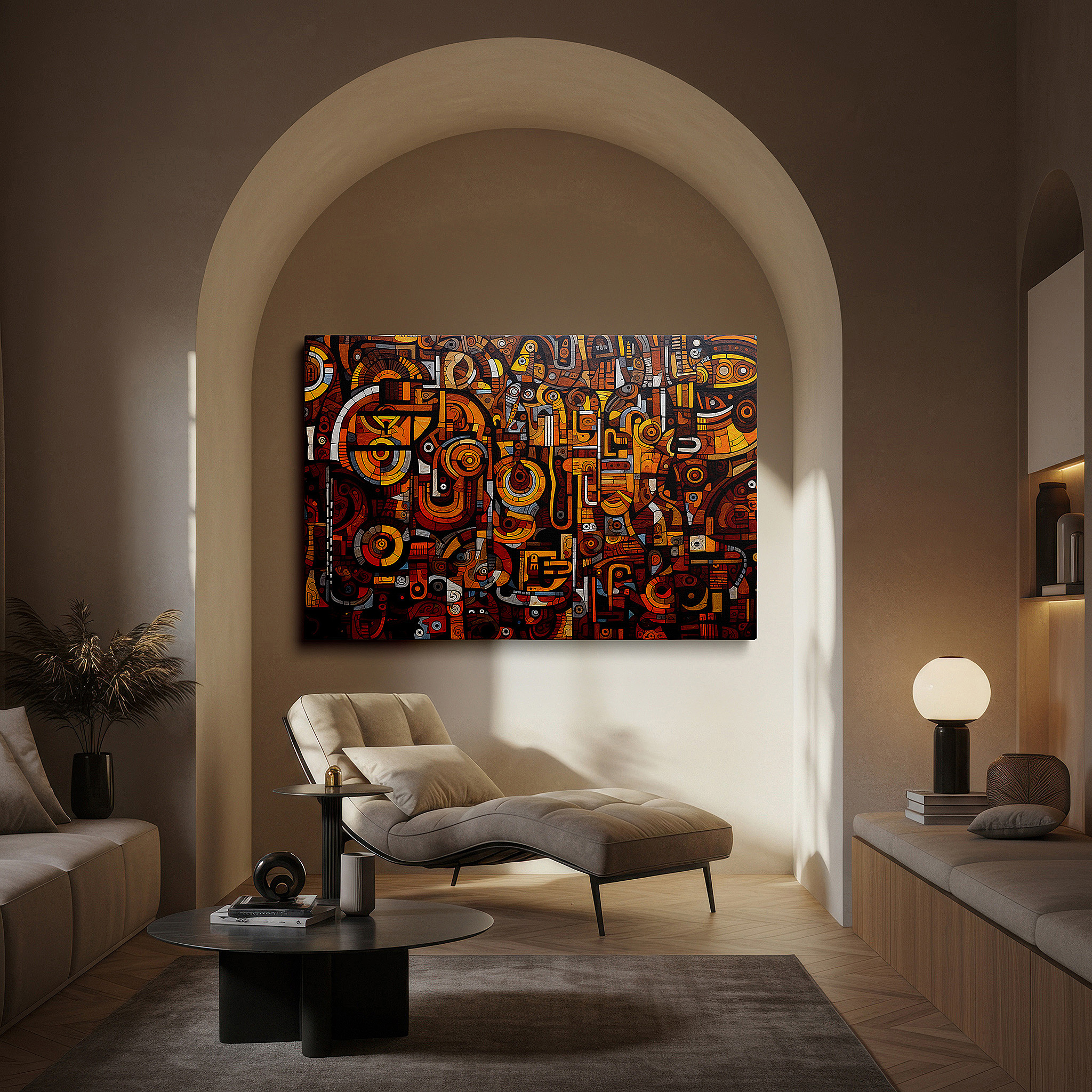 Displayed above a contemporary leather sofa in warm light — warm orange and brown dynamic abstract tapestry, large canvas wall art featuring movement and depth, ideal for office decor